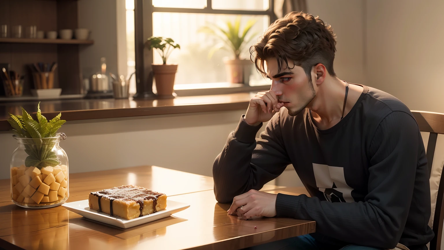 a young man sitting at the table having and in it numerous sweets and the man eats many of these sweets very compulsively, mostrar o rosto do homem e o ambiente de forma bem detalhada