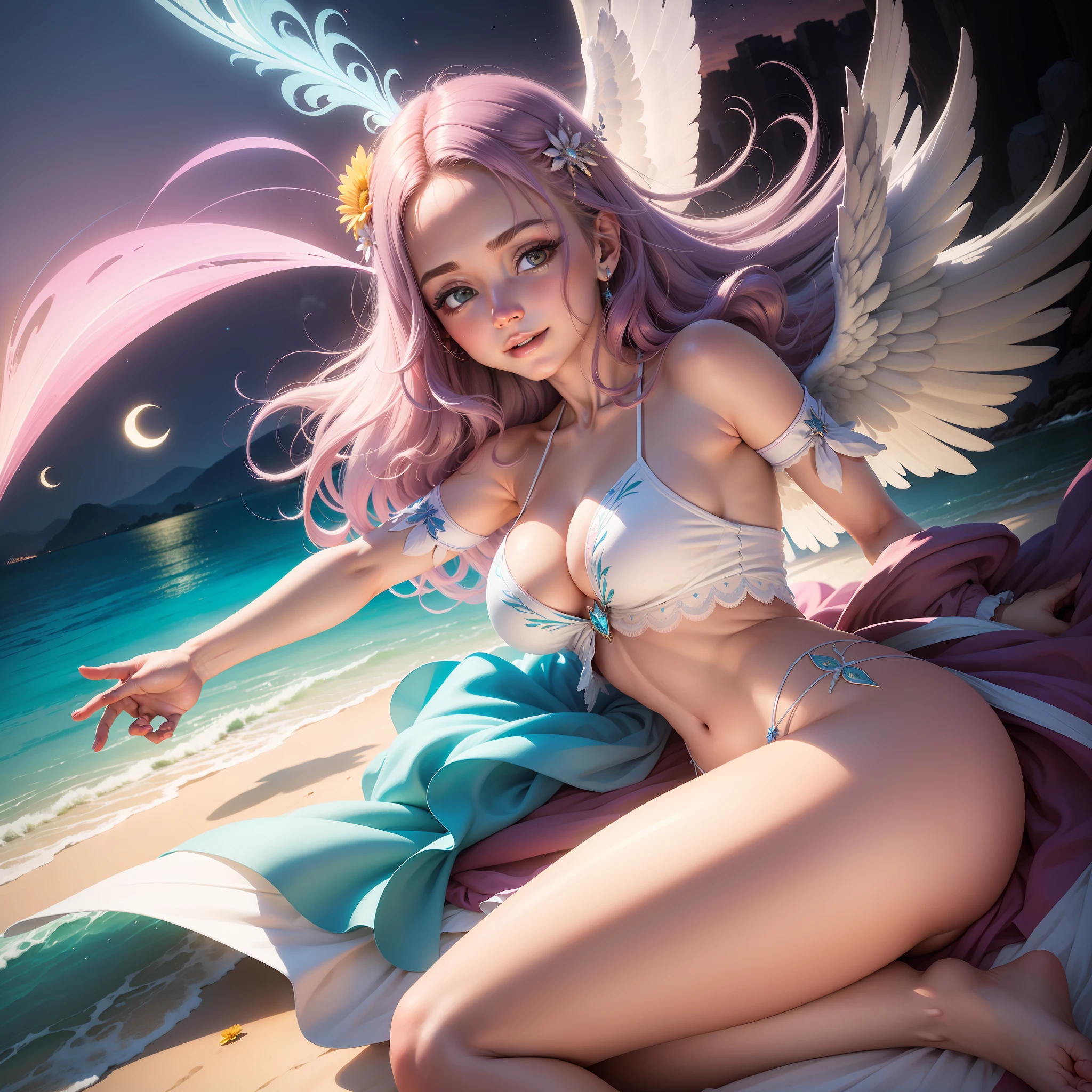Uma mulher jovem, como um anjo, cores vibrantes e pasteis, cabelos brancos e flutuantes, asas de anjo, pequenas luzes em volta, roupa florecente e brilhante, roupas compostas, rosto angelical e sorridente, angel wings behind the back, magical atmosphere, fantasia, genial