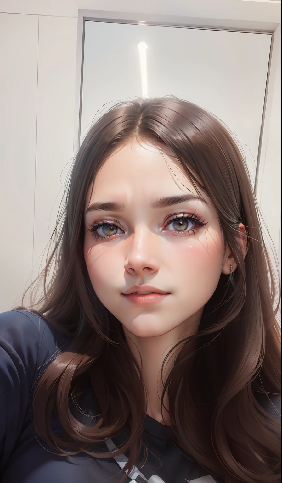 photo realistic: 1.4), (hyper realistic: 1.4), (realistic: 1.3), (smoother lighting: 1.05), (boost cinematic lighting quality: 0.9), 32K, 1 female , 20 year old female, realistic lighting, backlighting, lights on face, ray trace, (bright light:1.2), (Increased quality:1.4), (real skin texture best quality:1.4), eye fine detail, face fine detail, delicate quality of eyes, (joy, blush), (tired and sleepy and satisfied:0.0), face closeup, t-shirt, (Improve body line mood:1.1), (Improve skin texture beauty:1.1)