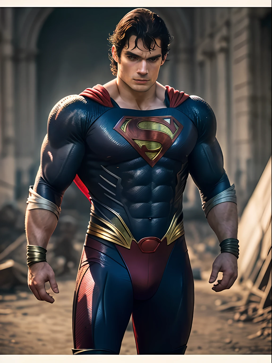 1 homem, solo, Henry Cavill como Superman, 40s anos, todos os detalhes azuis e vermelhos terno, bare handed, big red S symbol on the chest, capa vermelha, strain of hair covering forehead, cabelo de corte curto, cabelo arrumado, alto, viril, corpo hunk, musculoso, ombro largo, rosto reto, cabelo loiro, melhor qualidade, alta resolução: 1.2, obra-prima, fotorrealismo, fundo escuro,  terno detalhado, rosto detalhado, parte superior do corpo disparado, folded arms, Runic scene in the background