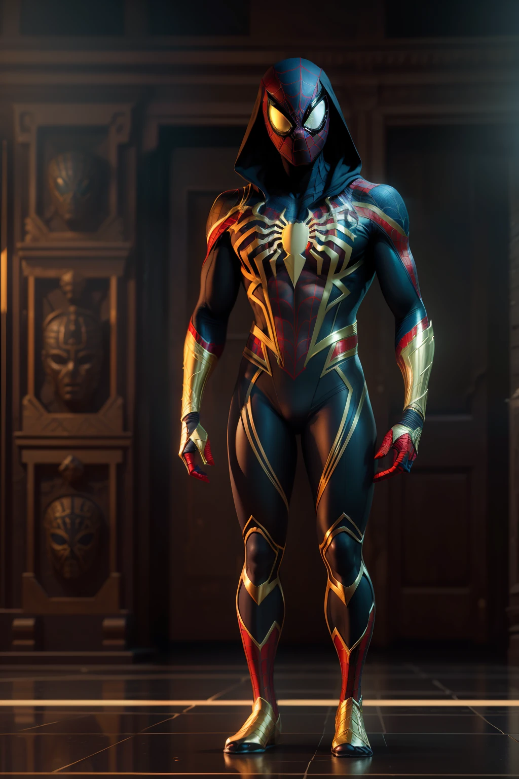 Ancient Egyptian (Spider man), full body photography, evil eyes, black and golden suit, soft skin, dynamic posture, soft light, film texture, virtual engine, advanced detail processing, ultra realistic 8k, styles for printing, cinematic lighting, high contrast, glowing highlights, photorealistic