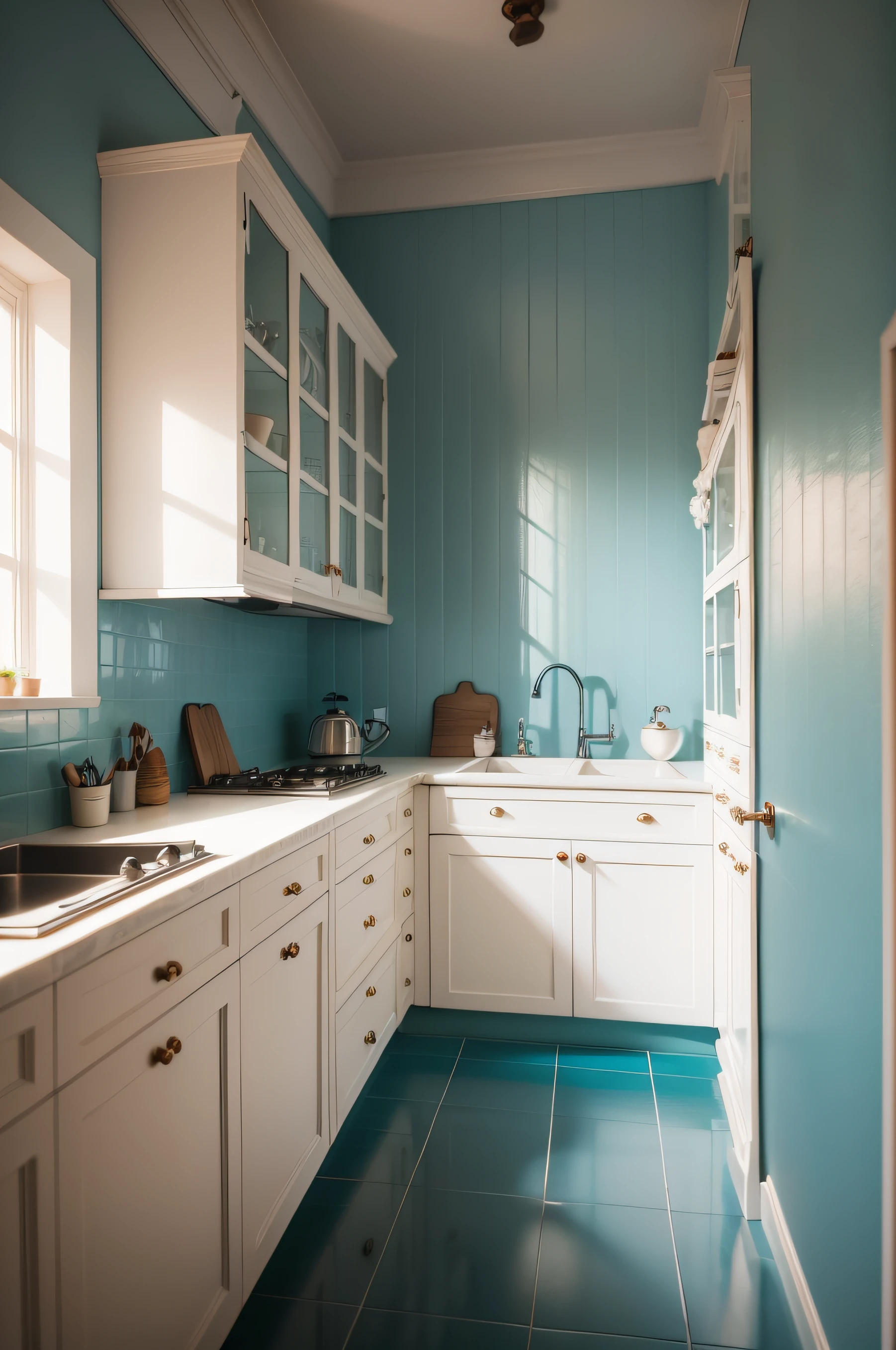 Cozinha moderna vintage azul bem claro,parede branco,piso porcelana marrom,canto em L,portas de vidros,pintura laqueado,cozinha parede redonda,cozinha luxo moderno