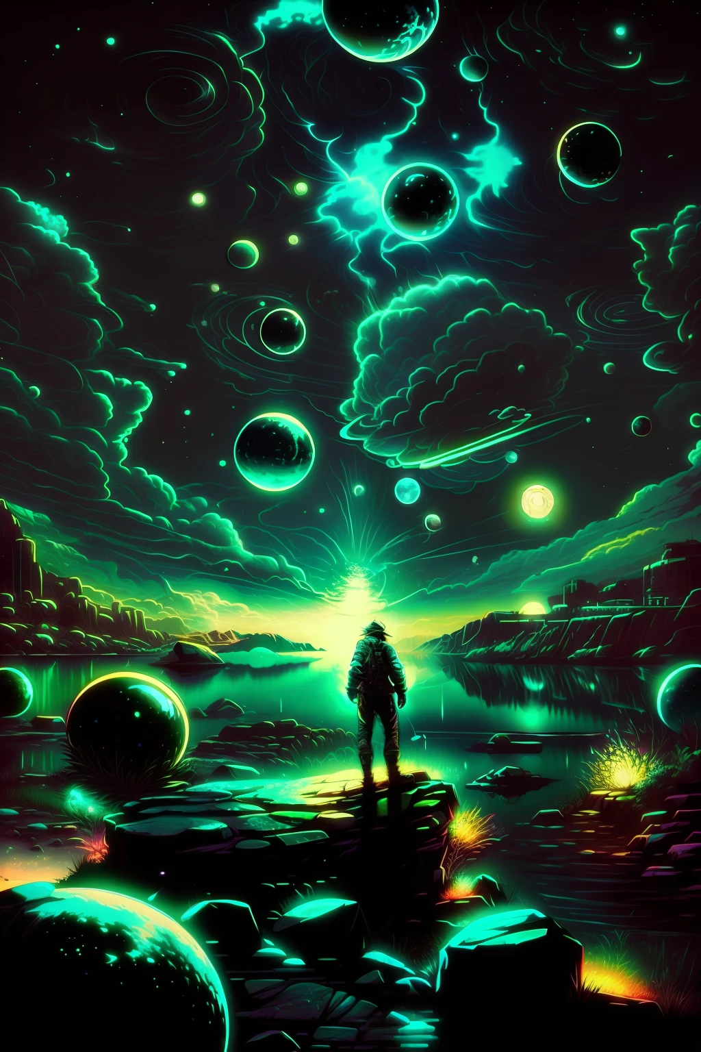 a man standing on a rocky path looking at planets in the sky, beeple masterpiece, beeple artwork, beeple!!, realism | beeple, beeple style, beeple art, artgem and beeple masterpiece, beeple. hyperrealism, style hybrid mix of beeple, beeple daily art