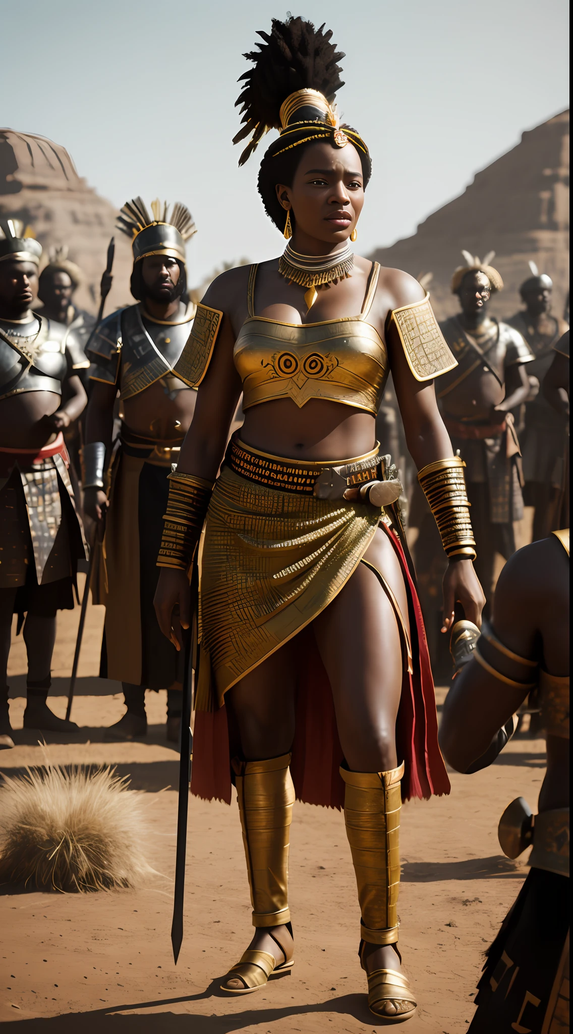 {A vivid depiction of a heated battle with Queen Nzinga at the forefront. Her warriors, dressed in southwest African warrior attire, are rallying behind her. The scene is set in the 17th-century.}, Digital Image, Realistic Style inspired by Greg Rutkowski, Canon EF 70mm Lens, Full Body Shot, (Hyperrealistic 3D render:1.15), (Sunlight:0.9), (4K Resolution:1.25), (High Contrast:1.14)
