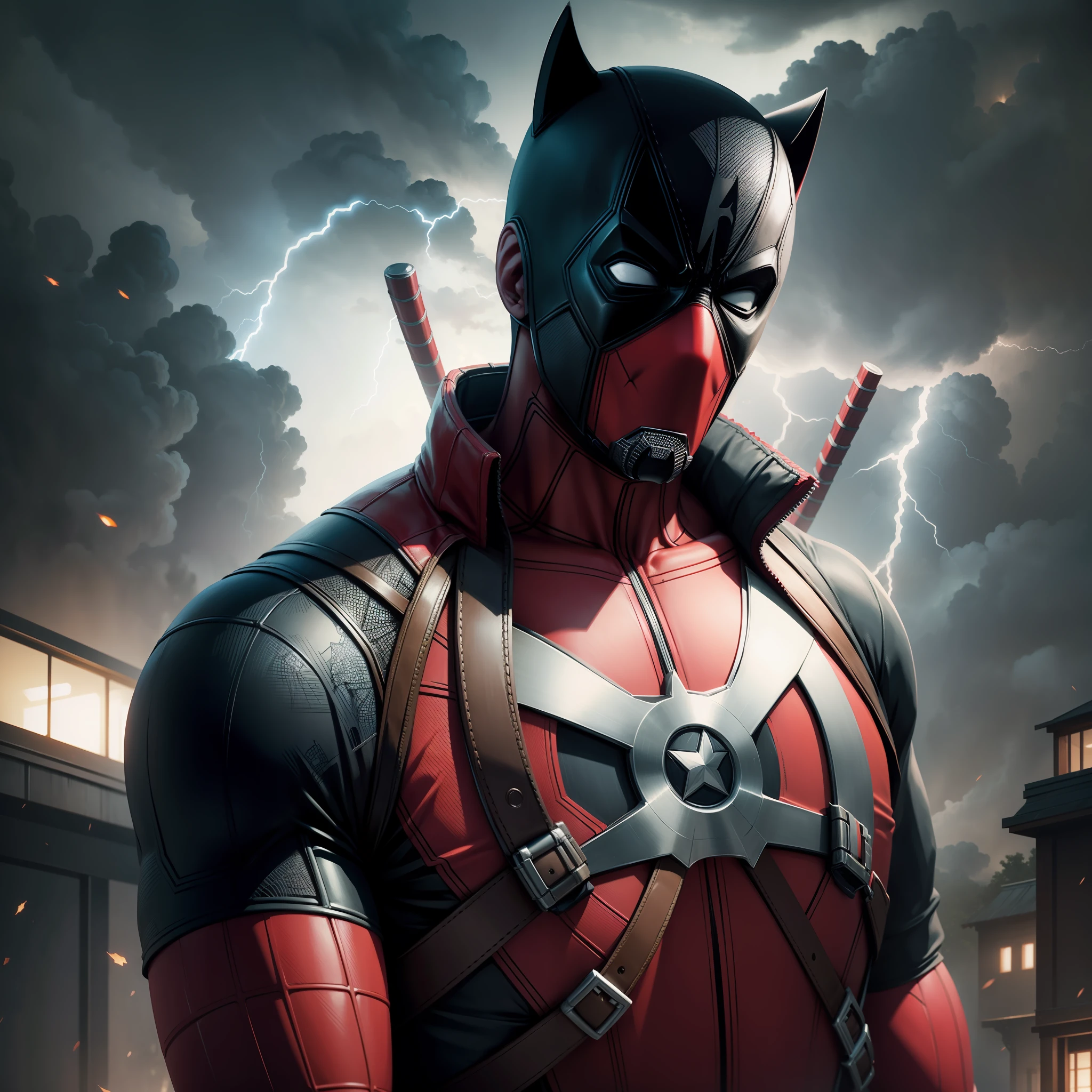 Deadpool with spiderweb shooters and with wolverine mask holding captain america shield with thunderstorm in the background