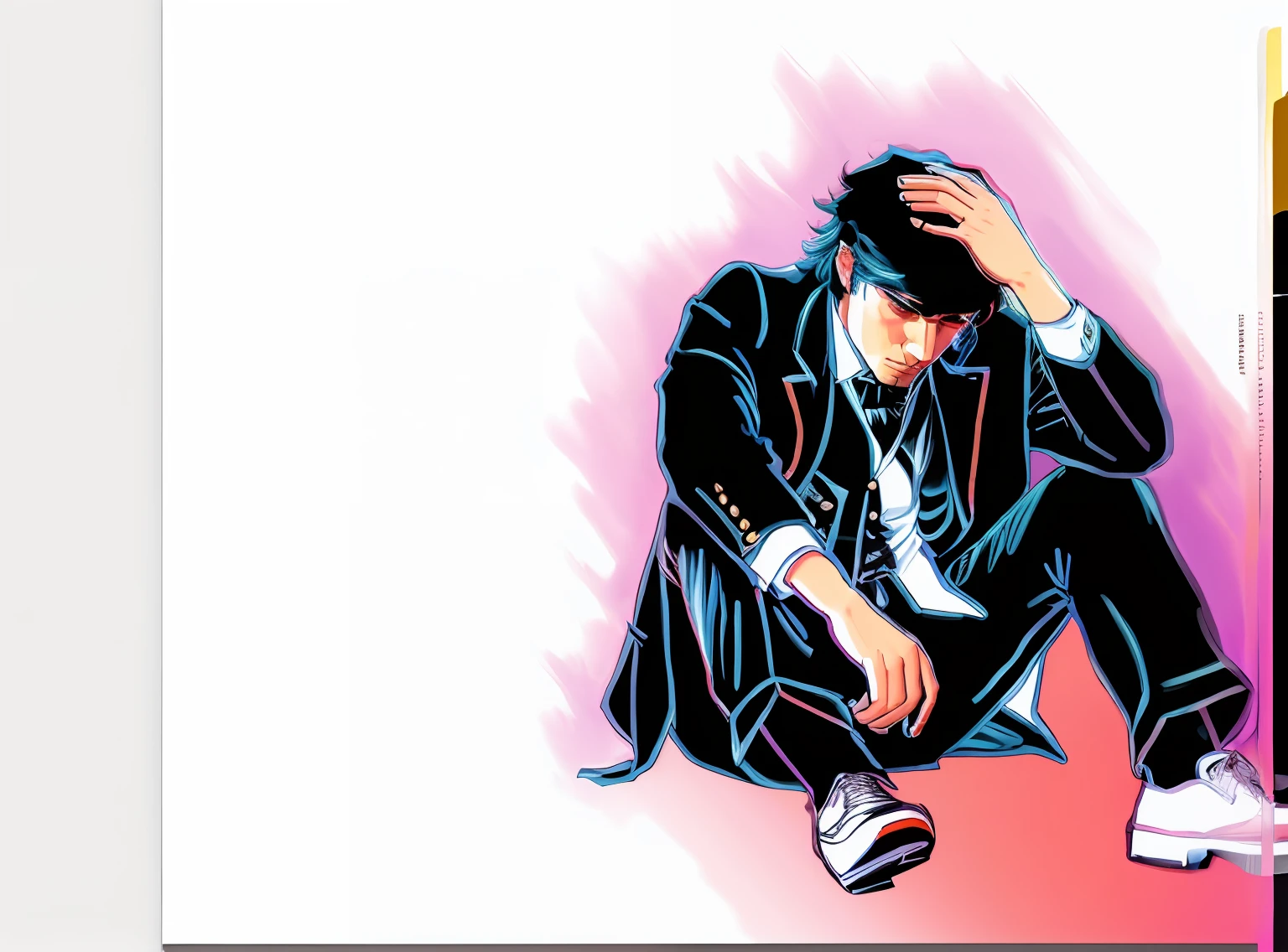 "Vibrant illustration featuring a melancholic gentleman in a stylish suit, sporting a trendy mullet hairstyle."