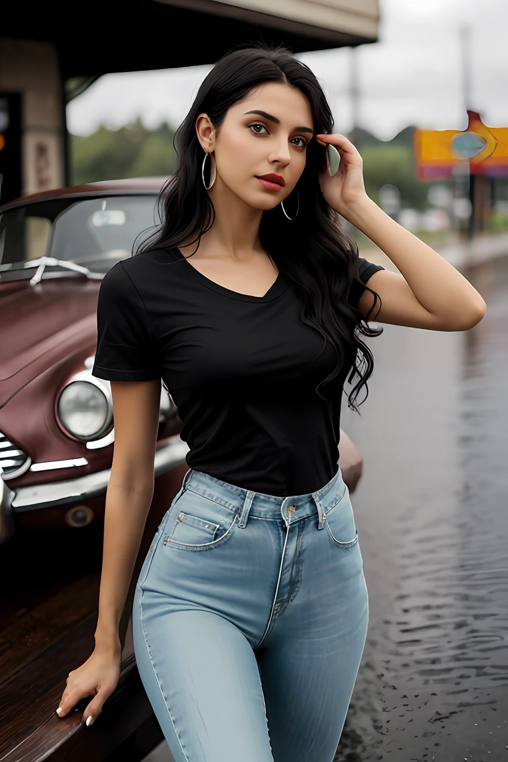 ((Best Quality, 8k, Masterpiece:1.3)), Focus: 1.2, Perfect Body Beauty: 1.4, Arabian 27 years old woman: 1.2, ((Black short curly Hair)), Round neck regular fit basic tee-shirt:1.1), no print on Teeshirt, basic full body length regular fitting tee-shirt, Blue skin fit jeans, long skinny jeans: 1.1, short sleeves black regular tee-shirt, Highly detailed face and skin texture, Detailed eyes, Double eyelids, toned body, Whitened skin, serious mood, large toned breasts, toned firm legs, high heel's, whitened skin, detailed black eyes, black wavy hairstyle, detailed face, middle eastern woman, baggy medium size basic tee-shirt, simple plain Baggy Tee-shirt, toned firm hips, 8K UHD, Silver anklet, model looks, war area, highway, motel, neon sign, rainy weather, dark clouds, silver wrist watch, Silver bracelet, Silver bangle's, open legs style Posing, old gas station, standing at wall, Red high heels, black short wavy hairstyle, Dark black eyes, detailed beautiful feets, detailed feets fingers and shape, rainy atmosphere, wet roads, model shoot style, she's, old wooden chair, dusty and Smokey environment, Aston Martin Light green old car, walking style