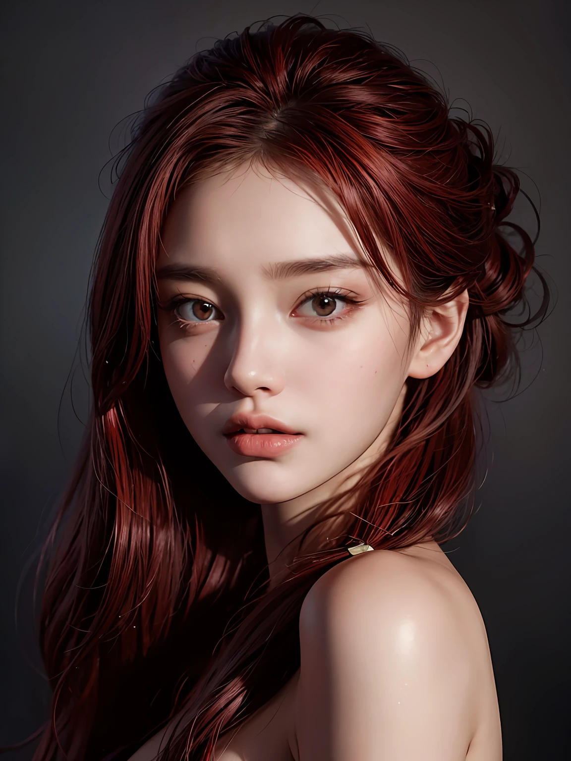 Best quality, masterpiece, ultra high res, (photorealistic:1.4), raw photo, 1girl, offshoulder, in the dark, deep shadow, low key, cold light, red hair (bright color), red eye