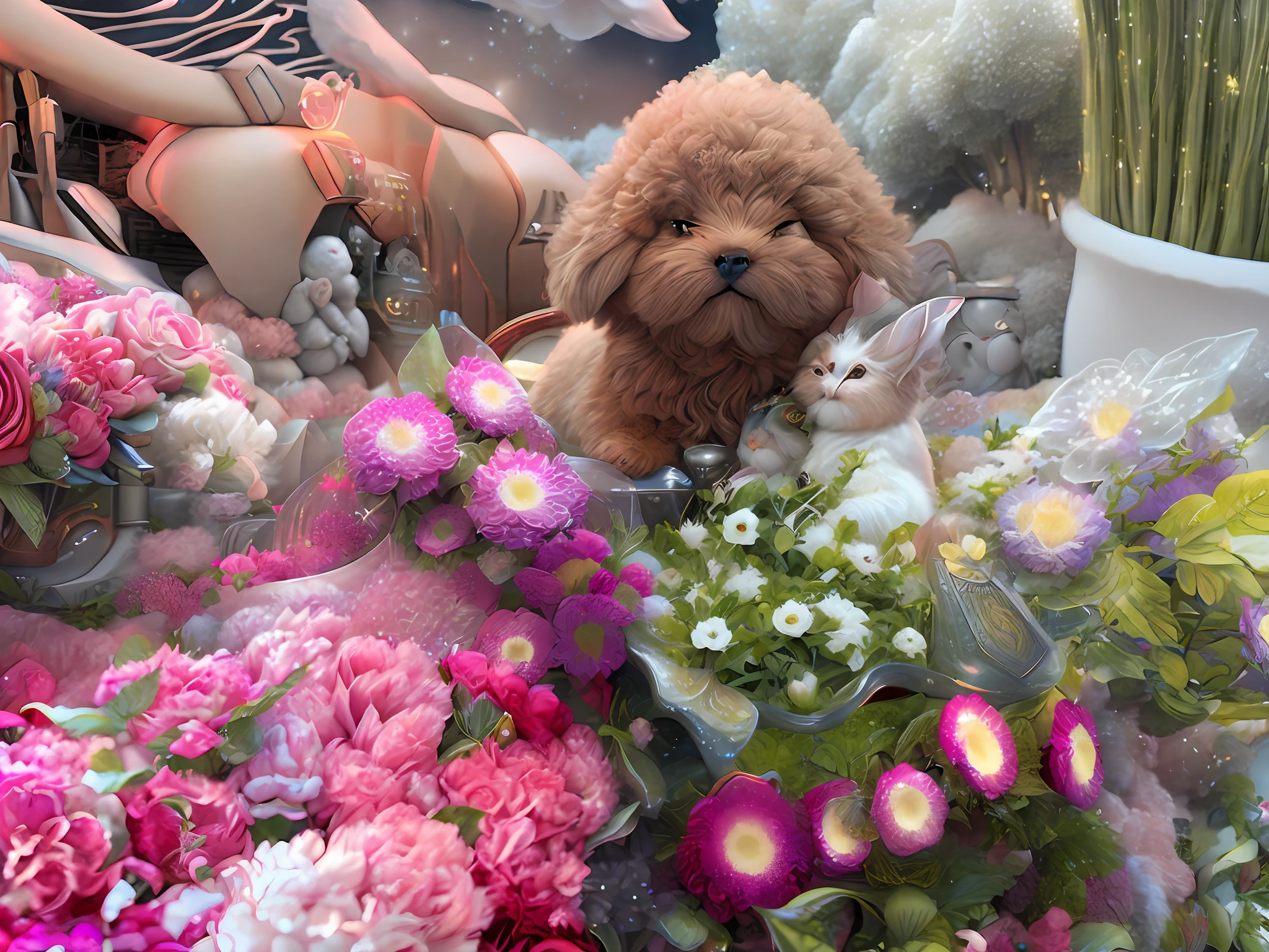 In this ultra-detailed CG art, the adorable puppy surrounded by ethereal roses, best quality, high resolution, intricate details, fantasy, cute animals