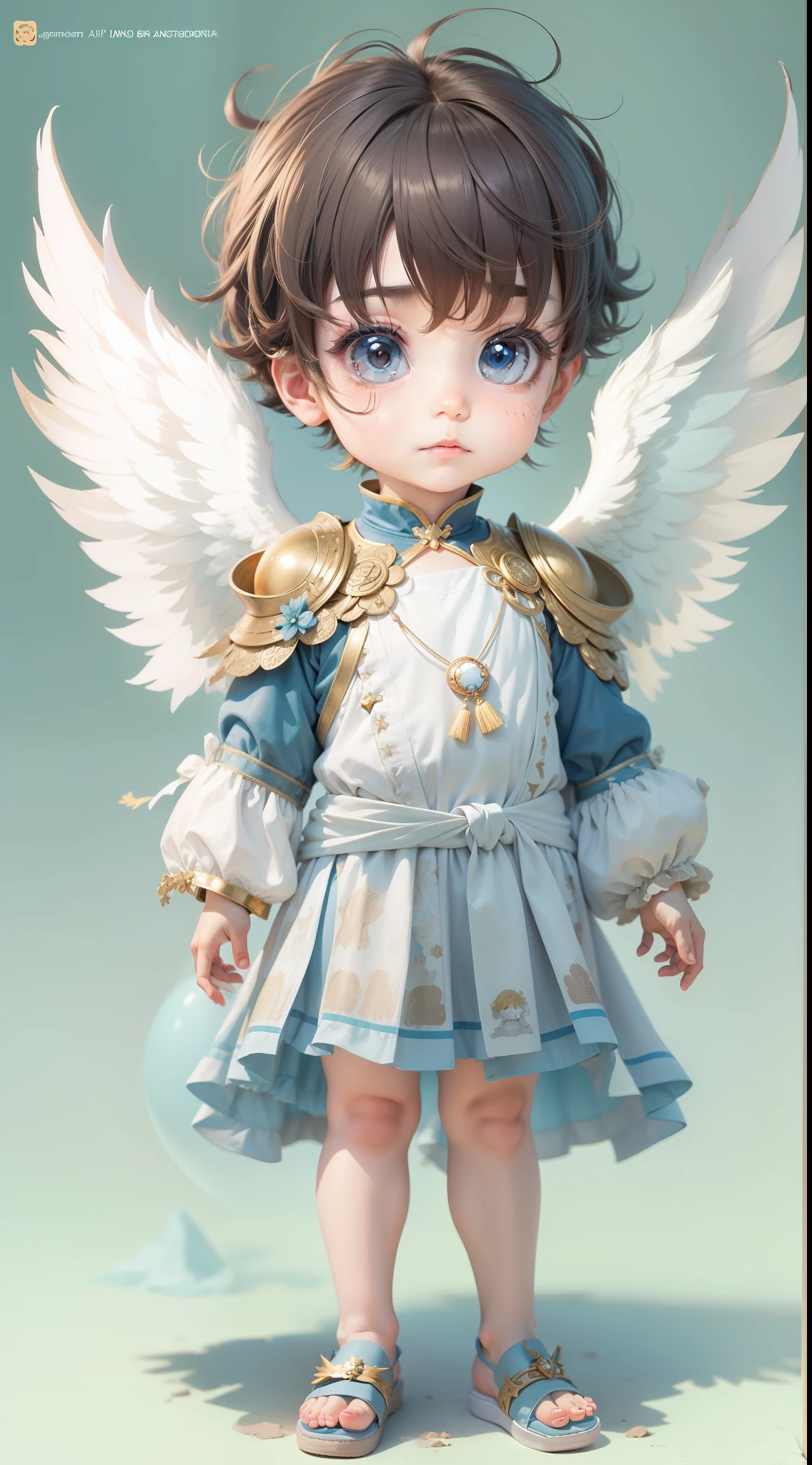 Create an angel with the stature of an anime-style -yead, malino, menino, asas brancas, olhos grande, postura conservadora, armadura