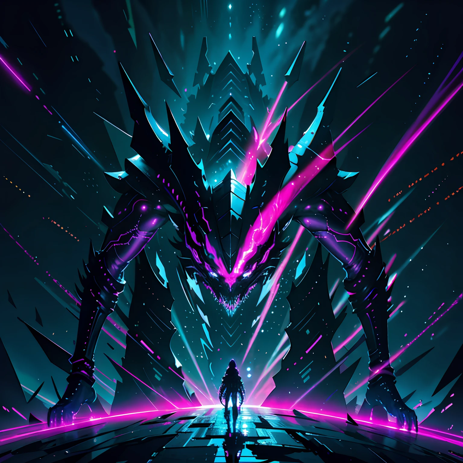 Стиль Ghost Blade, The Most Amazing Creature of the Night, glowing lights, the stars, dark purple background, 8 k, Photorealistic, hyper-detailing, Ultra Detailed, 4 thousand., Ultra Detailed, Pink Contrasting Lines, glow, cinematiclight, Concept art, HDR, Smooth, sharp-focus, Cinematic lighting, hiquality, cgsociety