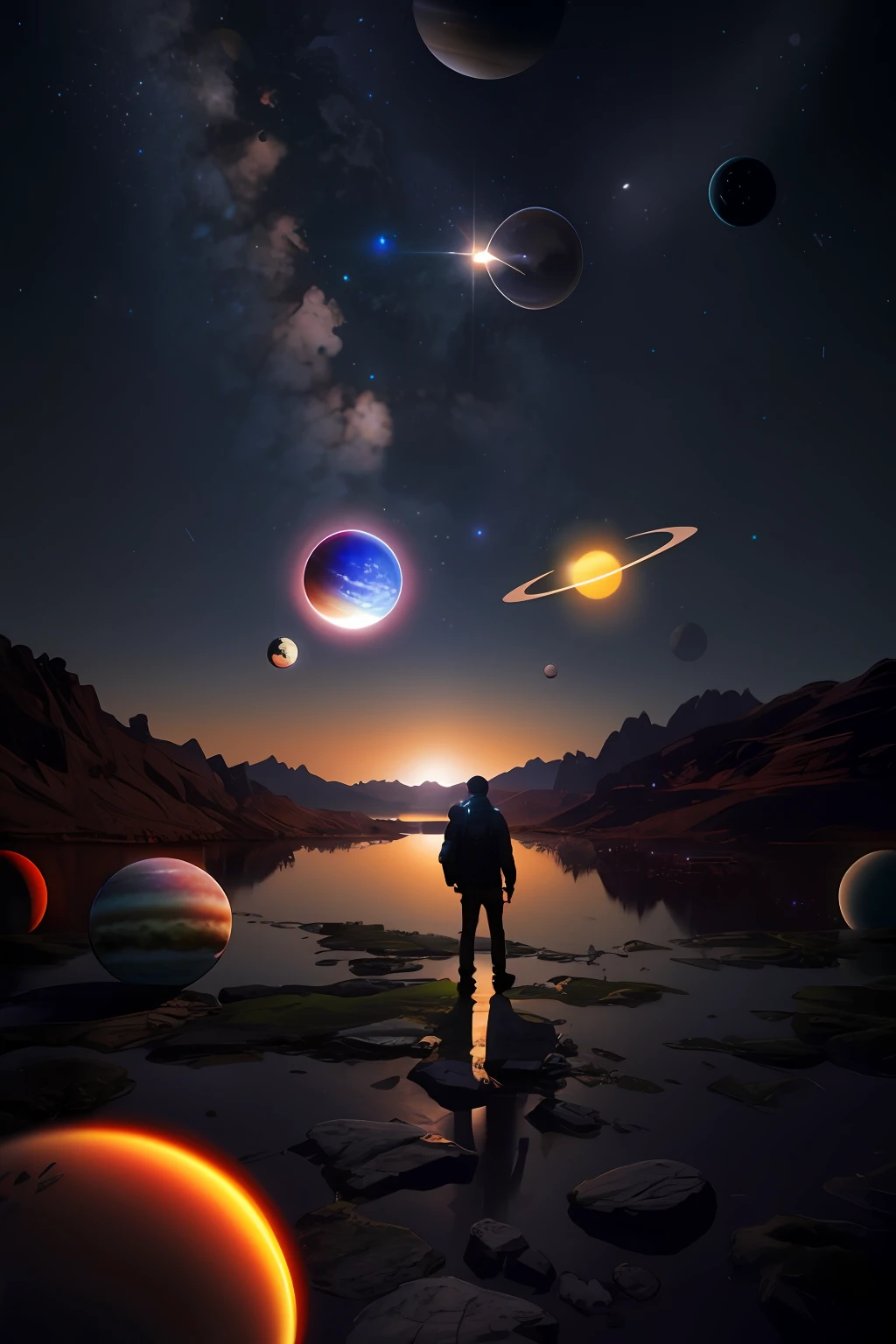 a man standing on a rocky path looking at planets in the sky, beeple masterpiece, beeple artwork, beeple!!, realism | beeple, beeple style, beeple art, artgem and beeple masterpiece, beeple. hyperrealism, style hybrid mix of beeple, beeple daily art