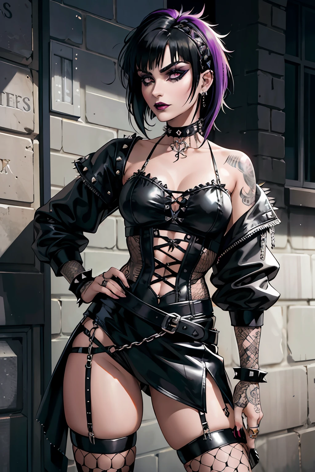 Punk trad goth subculture gothic Girl trad goth makeup punk post punk long hair with bang spikes choker fishnet stockings punk trad goth gothic subculture post-punk goth long black hair with bang Siouxsie Sioux