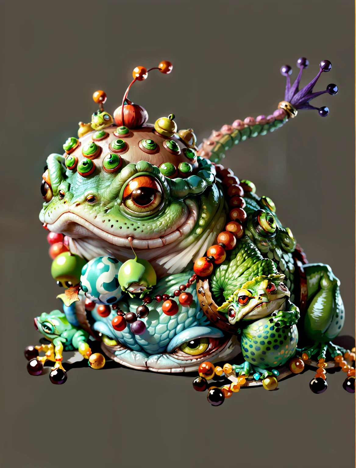 there is a frog with many eyes on its head, All the grains on the head are its eyes, Mouth with two long tongues。 It wears a necklace with green beads and red string, Gollum head inside the green bead. Japanese style. There is a scary baby face on the belly, toad samurai, realistic creature concept, creature design, frog - elephant creature, concept creature character art, alien frog, clown frog king, very detailed toad, fantasy creature concept art, toad, concept art illustration, toad philosopher the thinker, creature concept art, frogzilla creature. lighting from top right side.