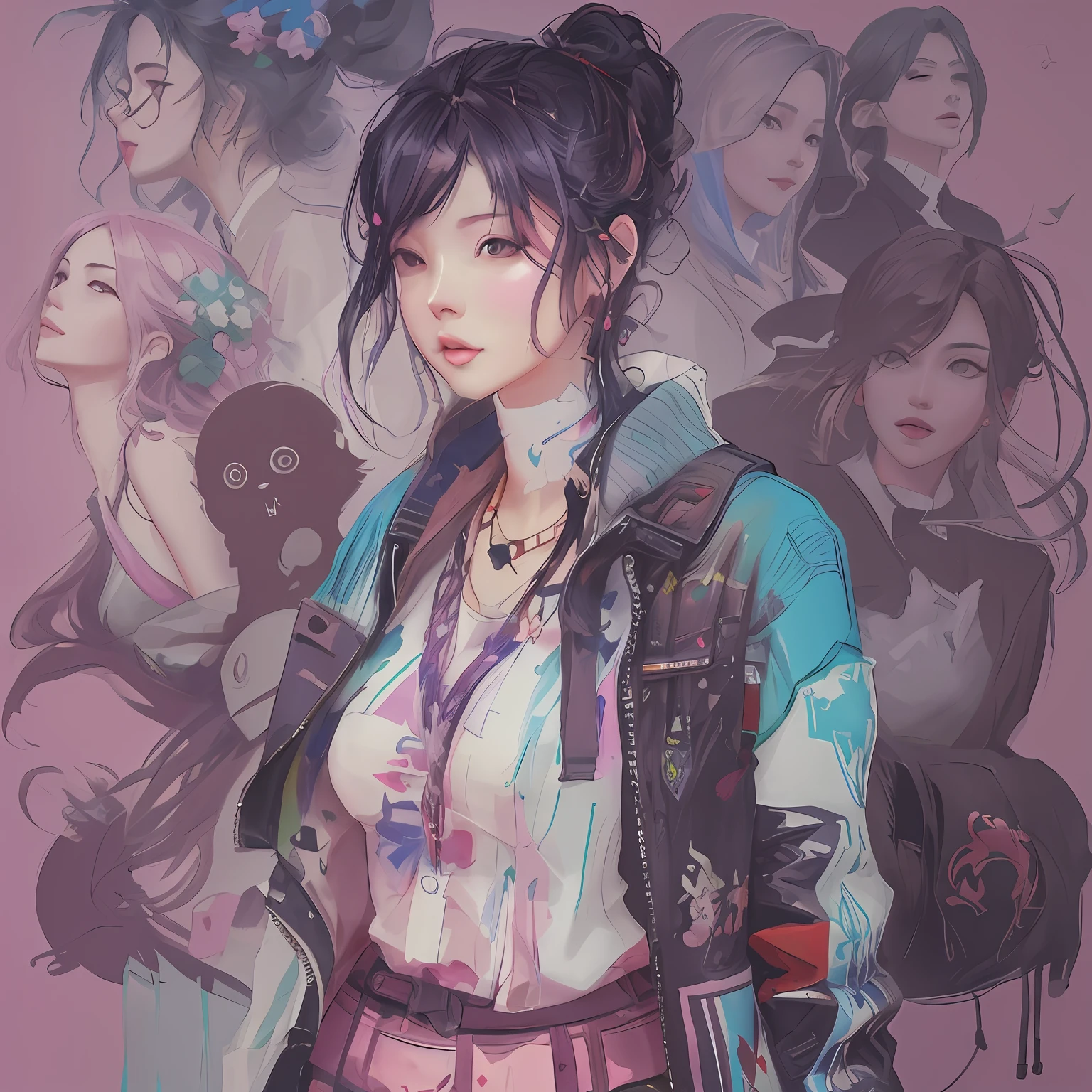 Anime - Style illustration of a woman with a lot of different hair, Obras de arte al estilo de Guweiz, Guweiz, Guweiz en Artstation Pixiv, Guweiz en Pixiv Artstation, Obra maestra de Guweiz, por Yanjun Cheng, inspirado por Yanjun Cheng, Estilo Ross Tran, Alicia X. Zhang