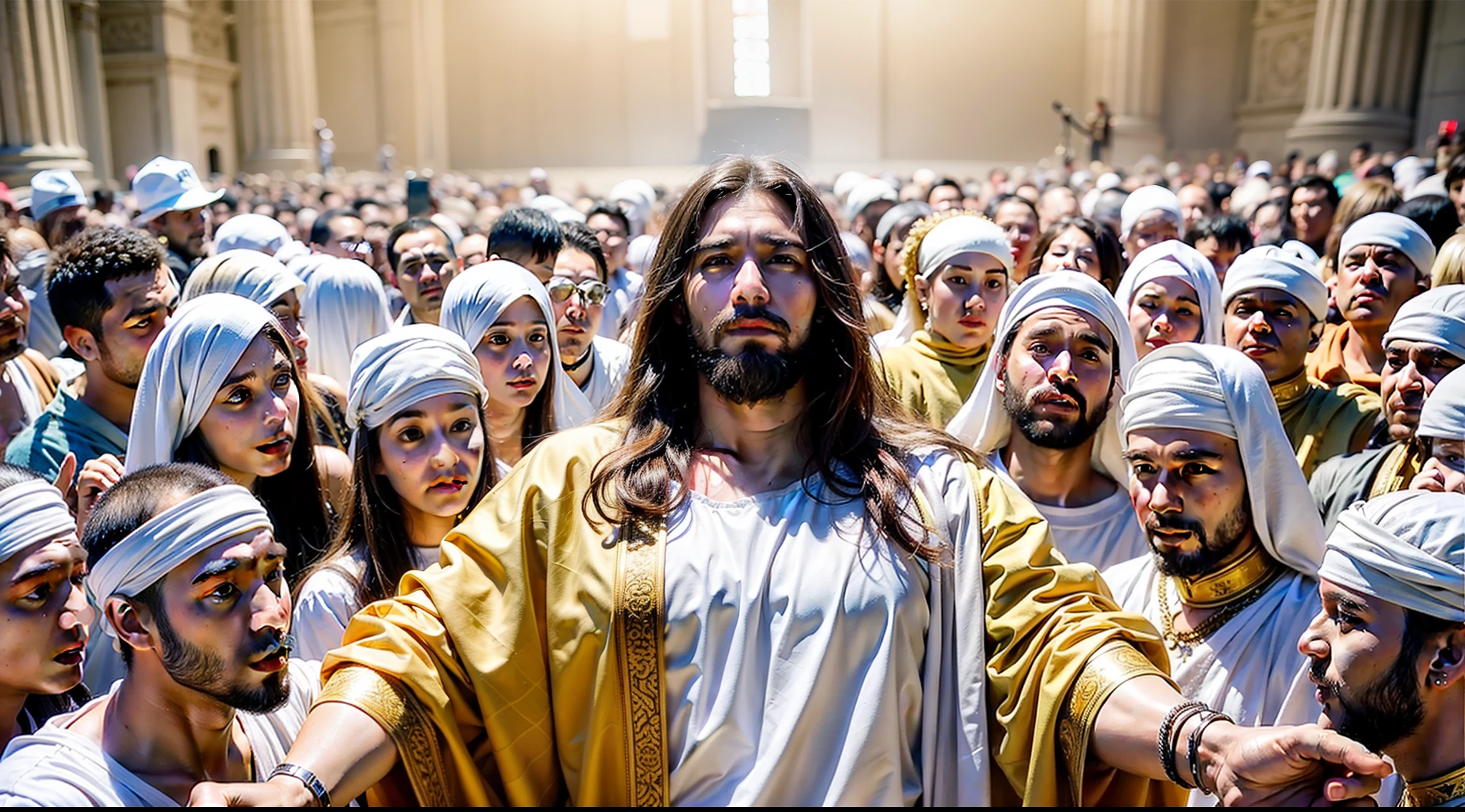 desenhe jesus sentado em um trono branco envolto em fogo, whose presence fled from heaven and earth, diante dele milhares de pessoas, (a huge crowd)