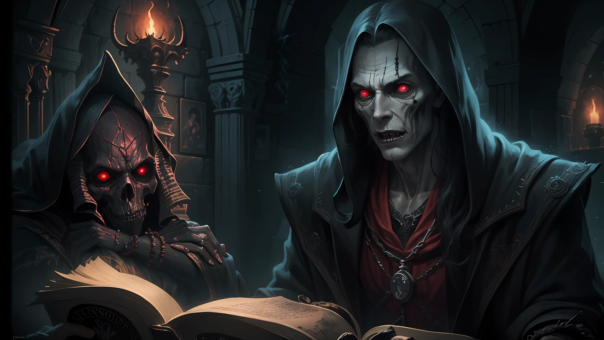 Highest quality,Masterpiece,Handsome and beautiful vampire mage reading in the dark room, dark but detailed digital art, Book of the Dead, horror fantasy art, detailed 4k horror artwork, Horror stories, dark fantasy horror art, Crypt legends, fantasy horror art, Read an evil devil's book, highly detailed dark art, portrait of the old necromancer