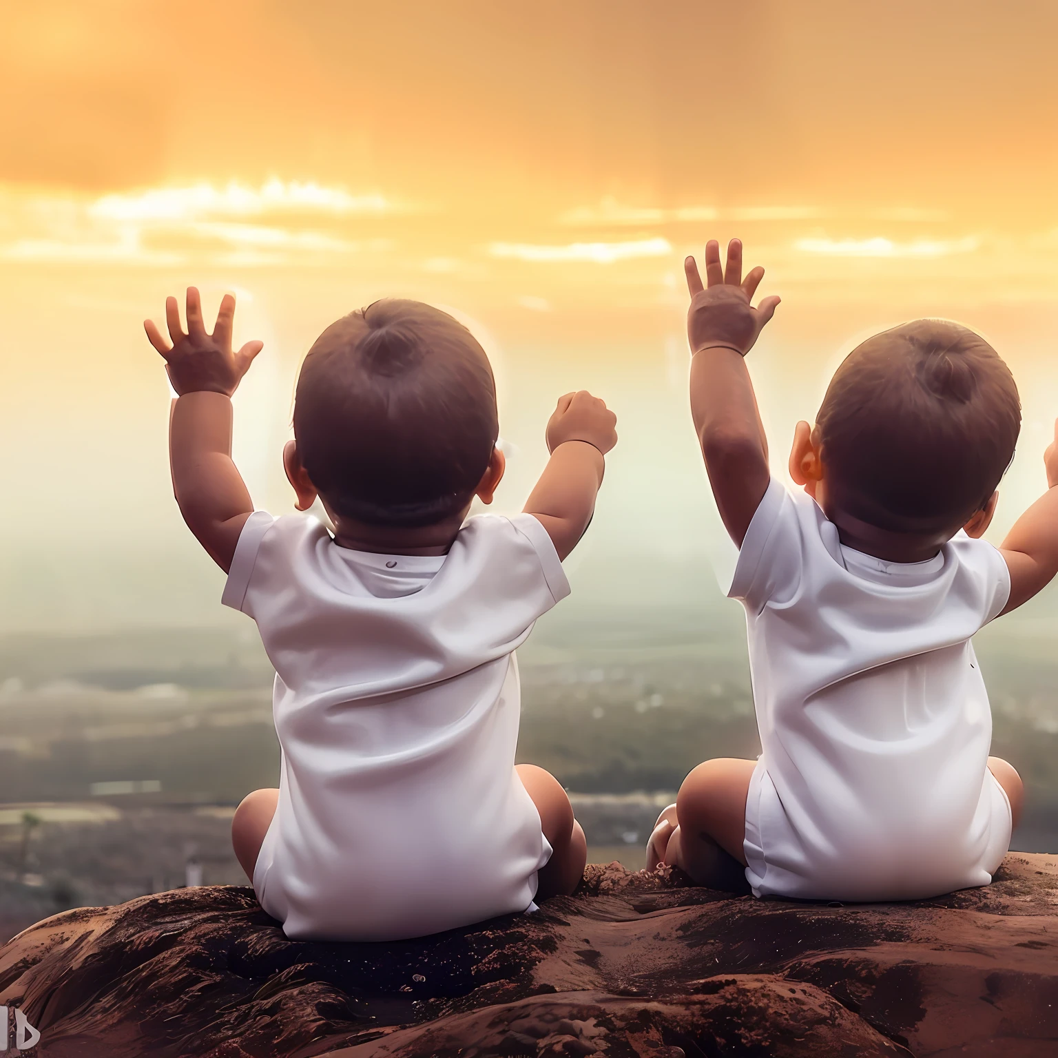 Two boys sitting on a rock with their hands up, human babies, s bonitos, twin souls, next gen, Raised Hands, bloqueando o sol, iniciante, Imagem absolutamente excepcional, twins, with a twin, Papel de parede - 1 0 2 4, imagem de alta qualidade, siblings, Familiar, Belas vistas, no topo de uma colina, imagem de alta qualidade"