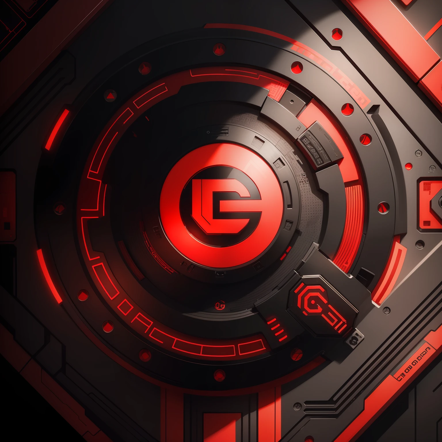 Stylish and intricate G circuit board logo with clean and detailed design in a striking combination of red and black circuit board patterns. Circuit lines. deep black. glowing red. Clear red G in the center, top-down view