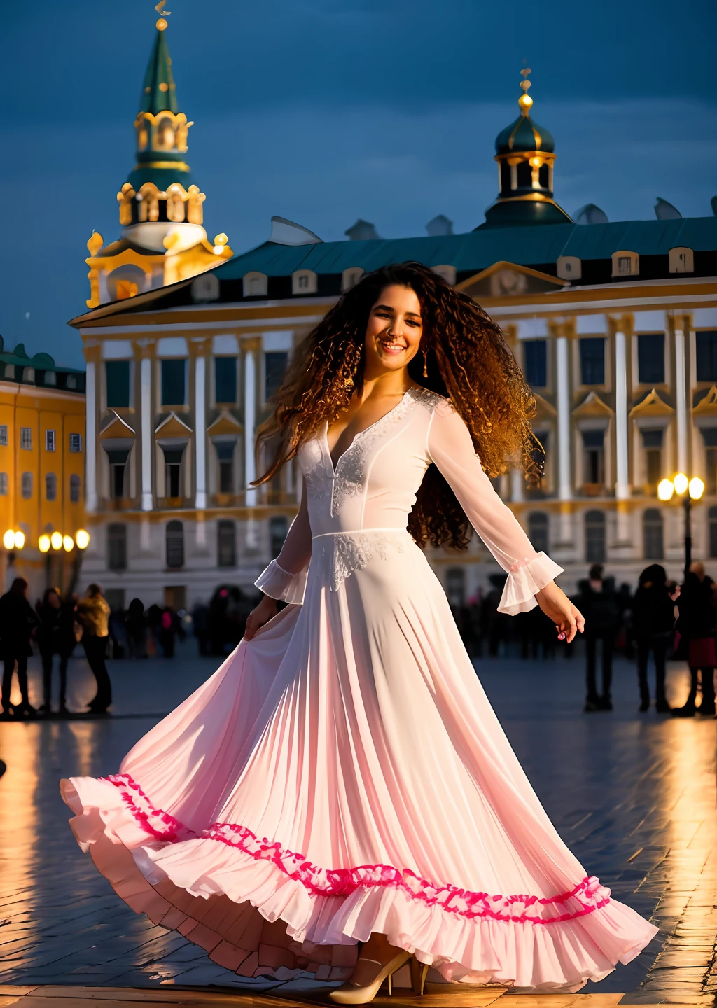 full body flamenco dancer on night St.Petersburg Palace Square,Hermitage on background,dancing, a smiling girl with absurdly long curly(black | white | pink hair:1,4), (fractal explosive hair:1,3), (turbulent long hem flutters:1,3), heavy wind, (long dress),intricate details, cinematic lighting, hdr, boris jinneman , full body,long curly hair,centered, masterpiece, best quality, sharp focus,DOF,