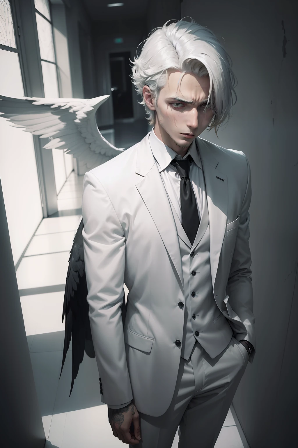 (1 guy:1.3) (in depression+social phobia+schizophrenia:1.1), (one color:1.2), shadows everywhere, portrait, White suit, lucifer blonde, big wings behind, black and white, manga style