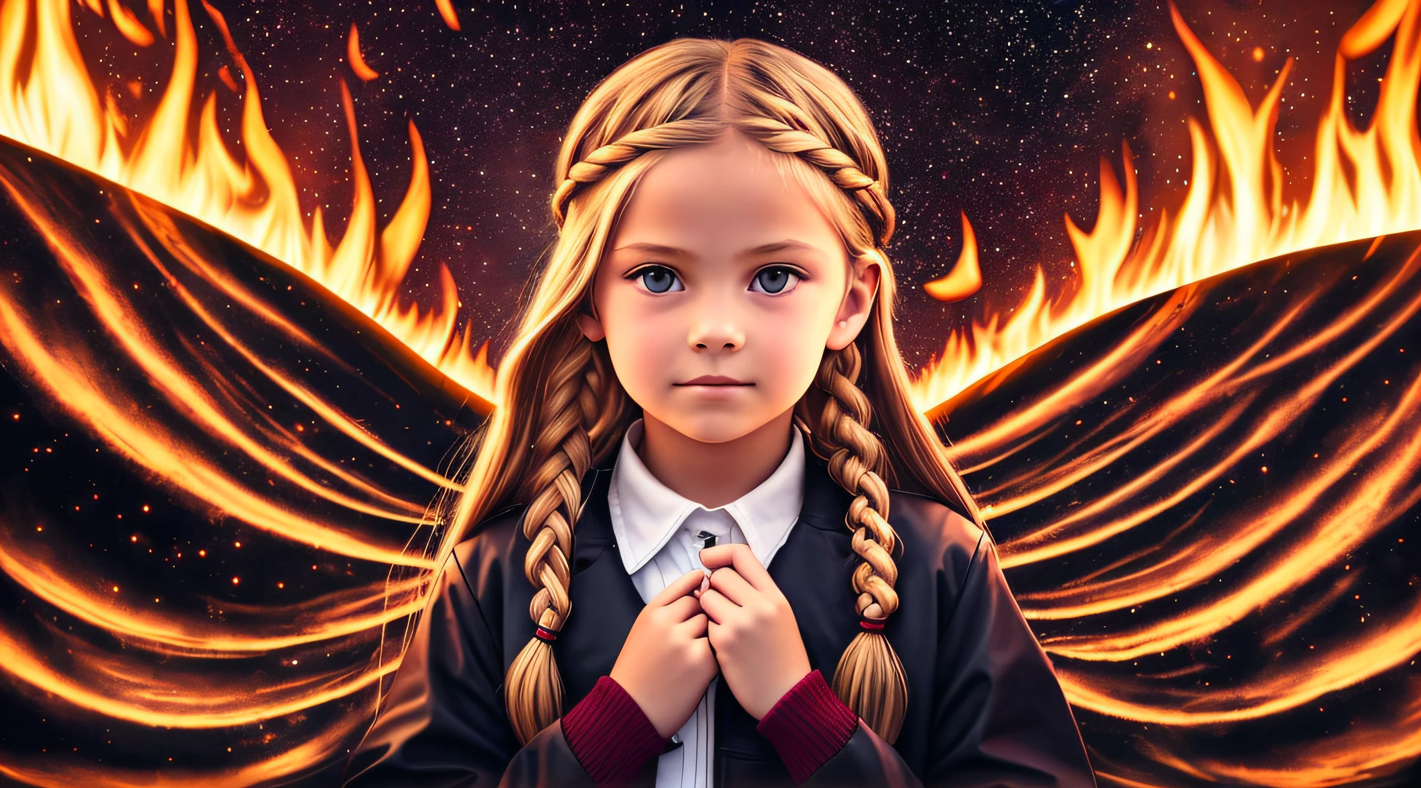 Girl , Russian blonde in braids, com roupa de jaqueta de couro vermelha, estilo retrato, flames are glowing in the dark with a reflection of the fire, chamas de fogo, chamas no fundo, fogo e chamas.