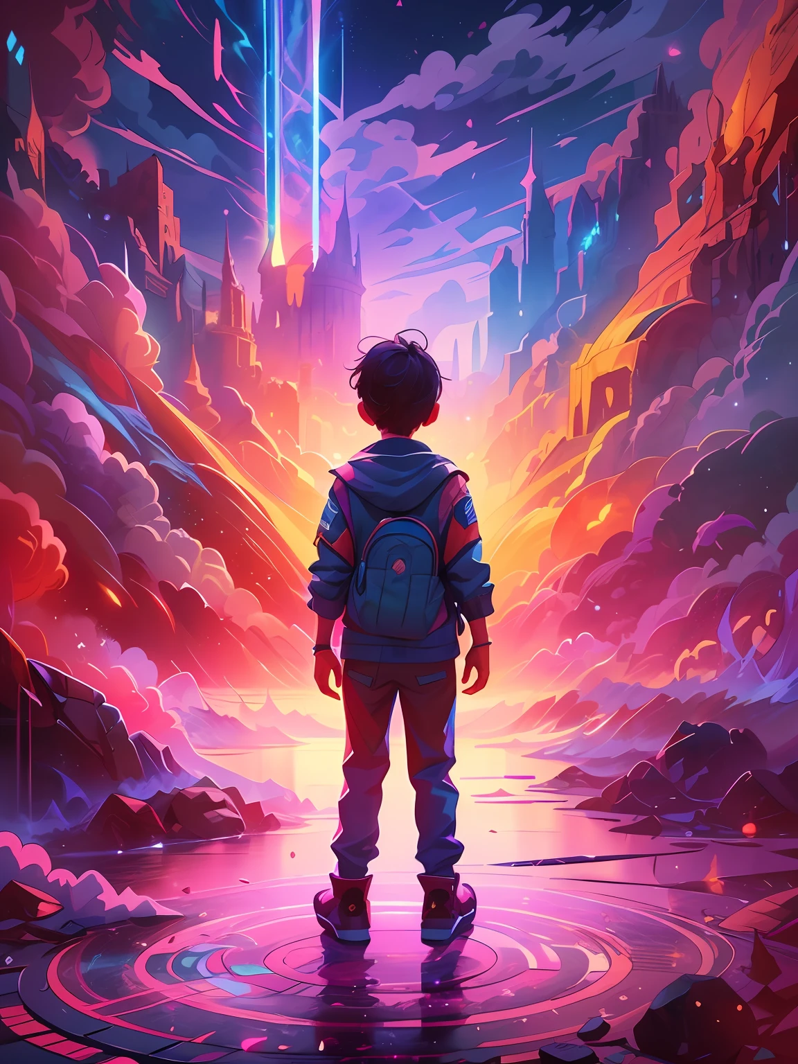 In this stunning masterpiece illustration titled 'The Radiant Future,' we capture the awe-inspiring beauty of a 10-year-old boy standing in a vast and vibrant rainbow daytime sky. The artist has poured their heart into this photorealistic work, ensuring every intricate detail of the boy's face and eyes is beautifully portrayed with perfect lighting and natural colors. The illustration is of the highest quality, presented in an ultra-high resolution of 8k, making it a breathtaking and delicate piece to admire. The use of highly detailed CG Unity techniques creates a mesmerizing effect, while the glowing eyes and lights from the front add a touch of magic and excitement. The artwork portrays a bright and hopeful future, symbolized by the boy's departure with a rough and dynamic style that includes his whole body, including both legs. Download this 8k wallpaper to enjoy the amazing and fine details that will leave you in awe.