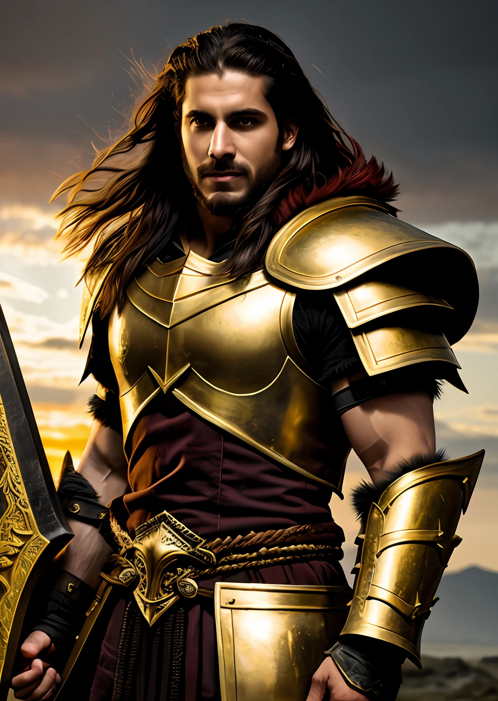 Gold armor, berserker potrait, male barbarian, fantasy art, from his look alone
enemies starting to panic, one head,devilish smile, Hell beast, demon,
white-fire Sky, warrior, with scythe and shield, beutiful, men, Werelion,
long braided red Hair, glowing gold eyes, realisitic, highly detailed,
Unreal Engine, 8k