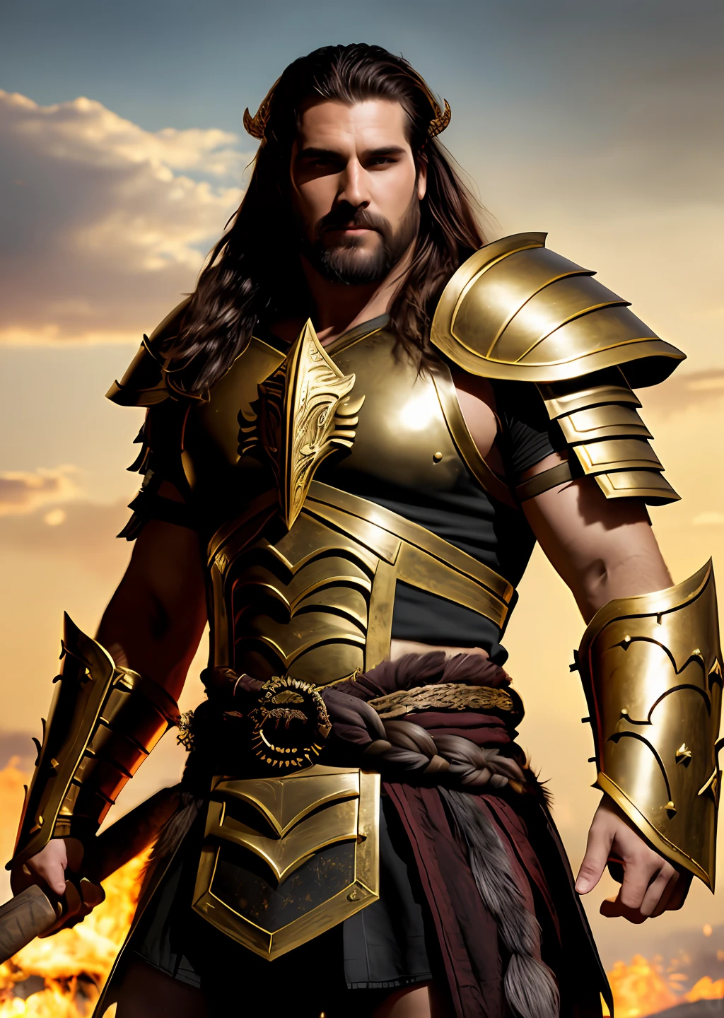 Gold armor, berserker potrait, male barbarian, fantasy art, from his look alone
enemies starting to panic, one head,devilish smile, Hell beast, demon,
white-fire Sky, warrior, with scythe and shield, beutiful, men, Werelion,
long braided red Hair, glowing gold eyes, realisitic, highly detailed,
Unreal Engine, 8k