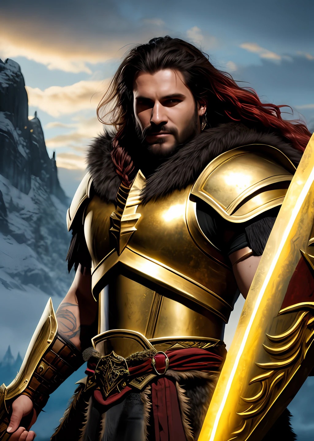 Gold armor, berserker potrait, male barbarian, fantasy art, from his look alone
enemies starting to panic, one head,devilish smile, Hell beast, demon,
white-fire Sky, warrior, with scythe and shield, beutiful, men, Werelion,
long braided red Hair, glowing gold eyes, realisitic, highly detailed,
Unreal Engine, 8k