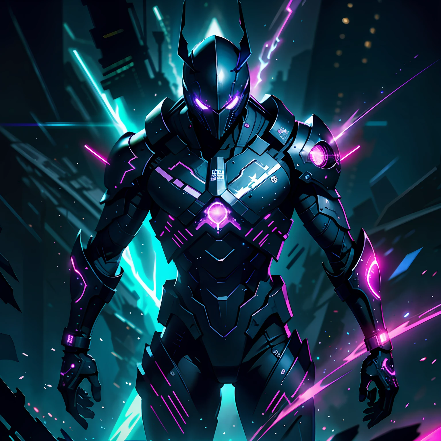 Стиль Ghost Blade, Hero of the Night, glowing lights, the stars, dark purple background, 8 k, Photorealistic, hyper-detailing, Ultra Detailed, 4 thousand., Ultra Detailed, Pink contrasting lines, Green flashes, Glow, cinematiclight, Concept art, HDR, Smooth, sharp-focus, Cinematic lighting, hiquality, cgsociety