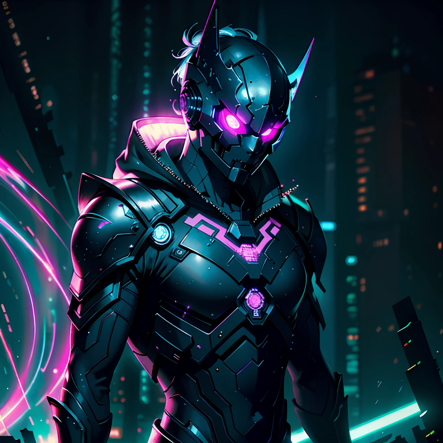 Стиль Ghost Blade, Hero of the Night, glowing lights, the stars, dark purple background, 8 k, Photorealistic, hyper-detailing, Ultra Detailed, 4 thousand., Ultra Detailed, Pink contrasting lines, Green flashes, Glow, cinematiclight, Concept art, HDR, Smooth, sharp-focus, Cinematic lighting, hiquality, cgsociety