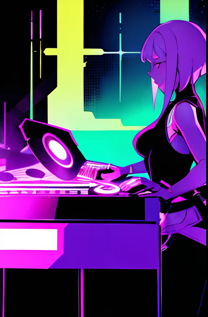 "A solo shot featuring lucy \(cyberpunk\) a DJ, showcasing her skills on the turntables at a vibrant rave."