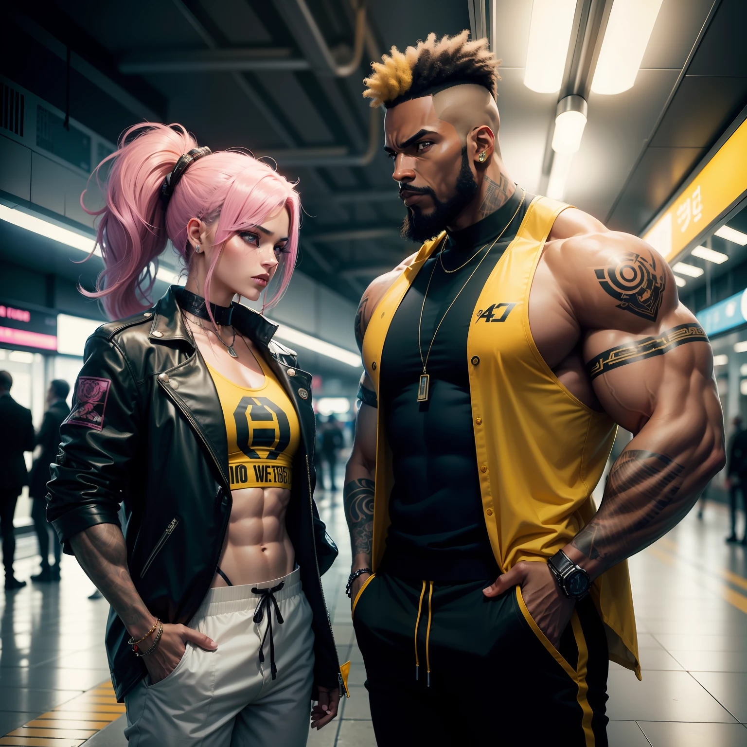 gostaria de uma imagem estilo cyberpunk em 4k de 2 personagens de mais ou menos 40 anos ,africano, forte, musculoso,Bodybillder,muito forte de pele negra ,barba grande,barba, Estiloso Barbon,com cabelo punk estilo anos 80 na cor amarelo e cinza escuro,muito eLegante,, futurista e estiloso neon , com uma tatuagem super colorida e com neon ,Toattoo, facing a metro station on the platform , with station lights failing in a dimly lit environment, standing dressed in a dark yellow suit with a pink bow tie and baggy shirt.