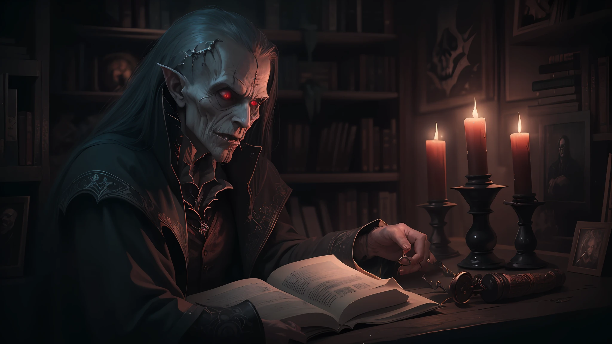 Highest quality,Masterpiece,Handsome and beautiful vampire mage reading in the dark room, dark but detailed digital art, Book of the Dead, horror fantasy art, detailed 4k horror artwork, Horror stories, dark fantasy horror art, Crypt legends, fantasy horror art, Read an evil devil's book, highly detailed dark art, portrait of the old necromancer