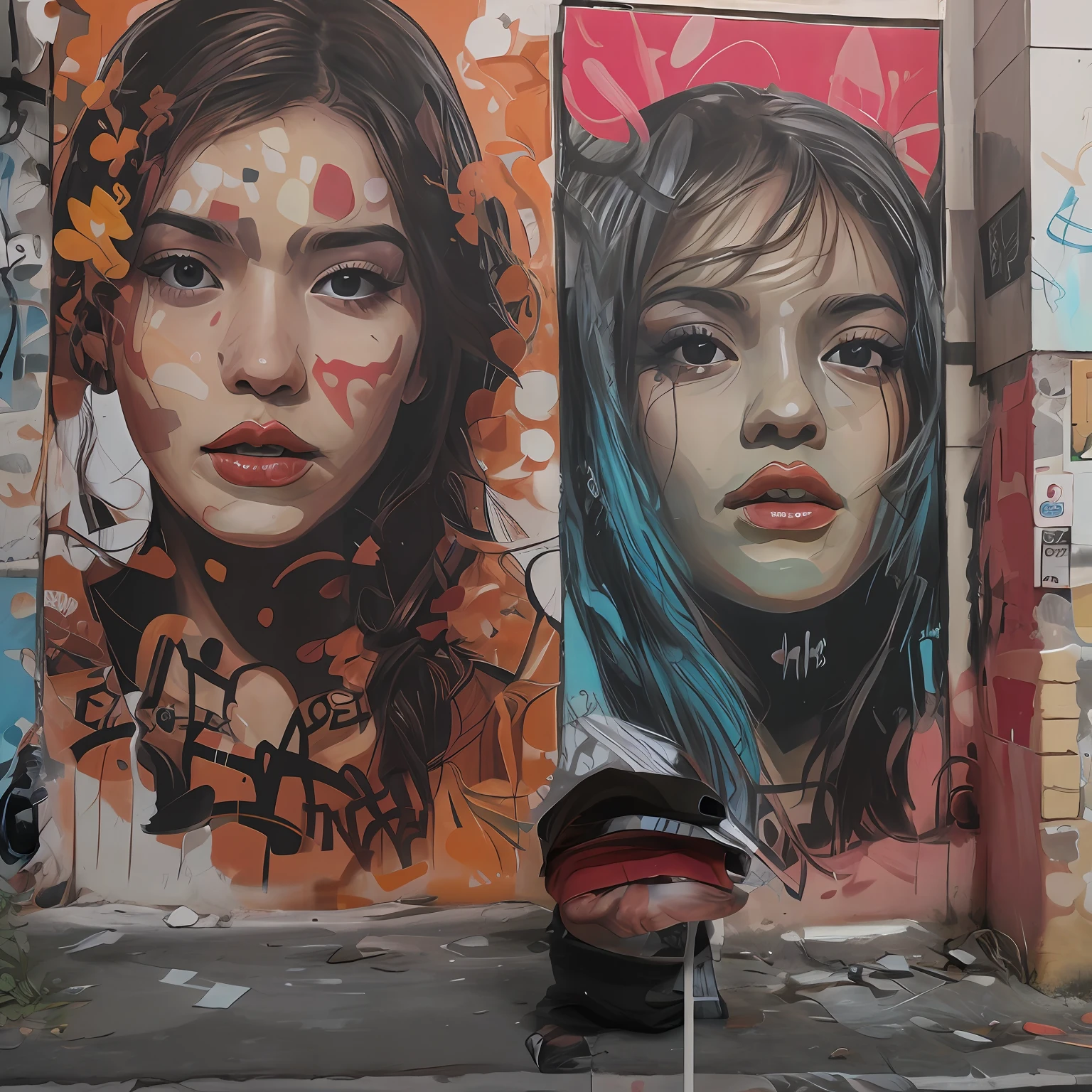 Graffiti en la pared de un edificio con dos chicas con caras pintadas, Arte callejero 8 K, hiperrealismo colorido, Arte callejero:2 obras maestras, Impresionantes obras de arte, Arte callejero, Arte callejero, colores vibrantes hiper realismo, Arte callejero moderno, Estilo de arte callejero, Alena Aenami y Lilia Alvarado, realistic colorful photography, amazing art, Hiperrealismo Artstyle