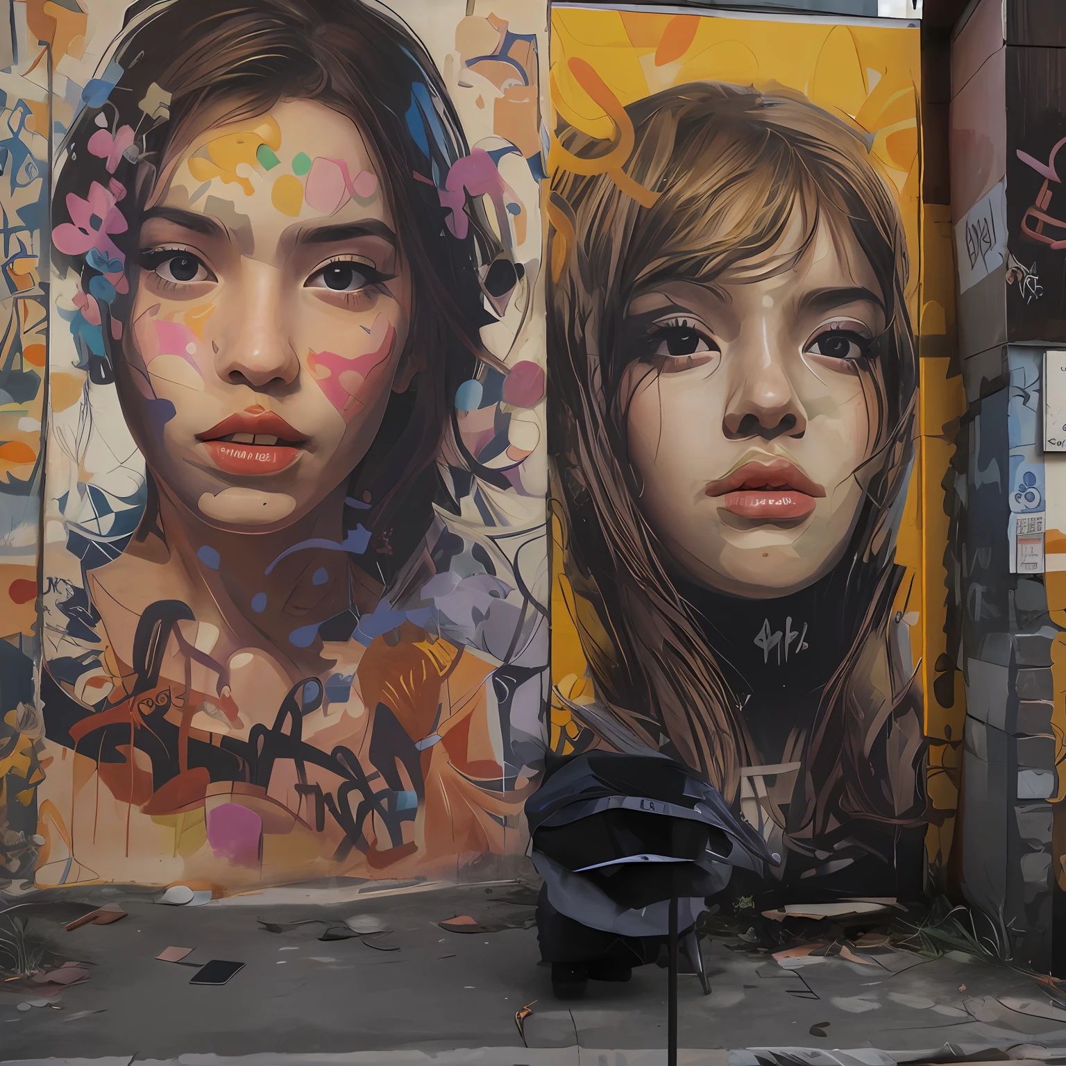 Graffiti en la pared de un edificio con dos chicas con caras pintadas, Arte callejero 8 K, hiperrealismo colorido, Arte callejero:2 obras maestras, Impresionantes obras de arte, Arte callejero, Arte callejero, colores vibrantes hiper realismo, Arte callejero moderno, Estilo de arte callejero, Alena Aenami y Lilia Alvarado, realistic colorful photography, amazing art, Hiperrealismo Artstyle