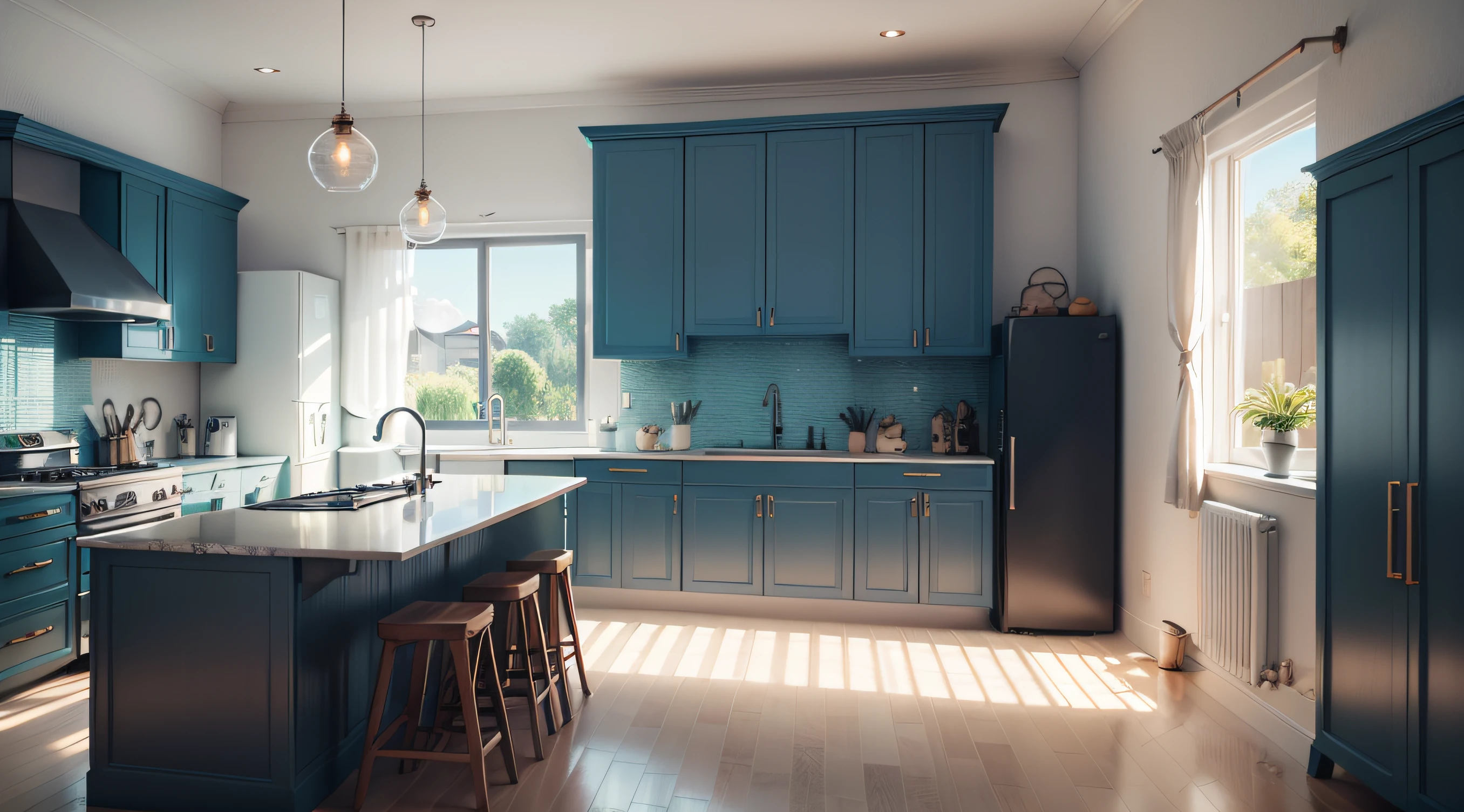 Cozinha moderna vintage azul bem claro,parede branco,piso porcelana marrom,canto em L,portas de vidros,pintura laqueado,cozinha parede redonda,cozinha luxo moderno,octane render 3D