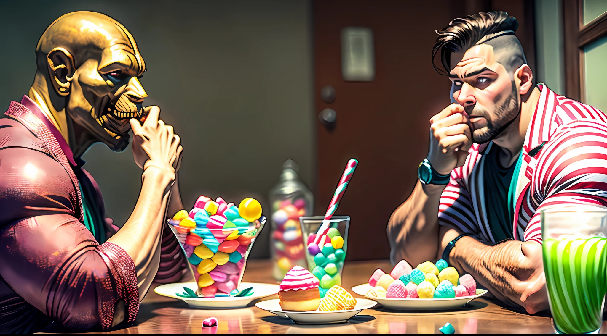 A young man appearing to be overweight is sitting at the table and having in it numerous sweets and the man compulsively eats many of these sweets looking anxious, mostrar o rosto do homem e o ambiente de forma bem detalhada