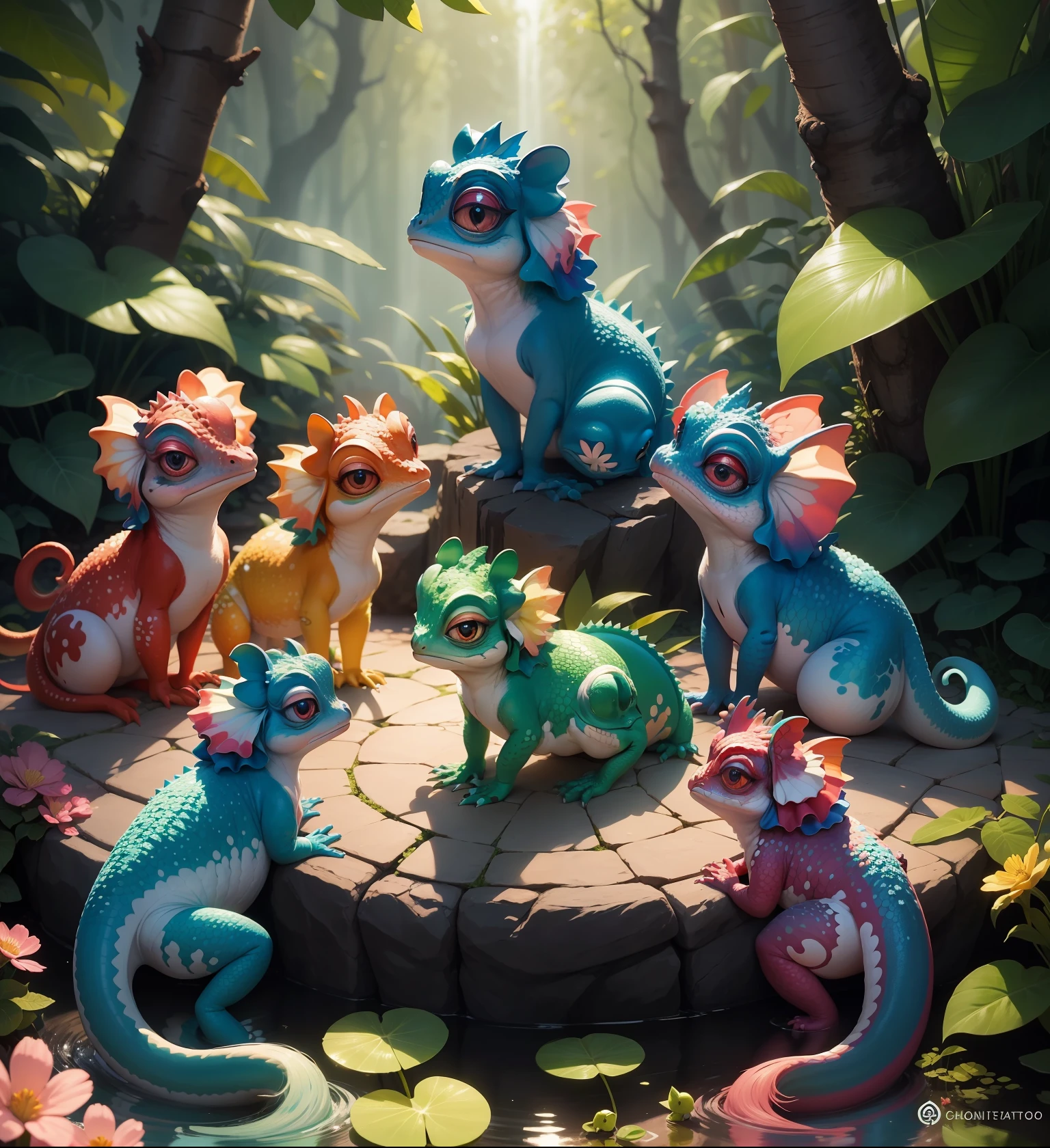 realista, Ultrarrealista Fofo, Disney-style chameleons, Olhos bonitos e doces encantadores, 1 red chameleon 1 blue chameleon 1 yellow chameleon 1 pink chameleon 1 green chameleon (1 de cada cor) com olhos doces e bonitos, They are in the enchanted forest, com flores, Rainbow and waterfall Disney movie style  (( The 5 ultra-realistic cute chameleons, estao juntos na floresta encantada, , in the background of the image has rainbow, flores e cachoeirs))   trending in cgsociety,  CGSetnação, 8k arte detalhada de alta qualidade, CGSetalidade 9, arte digital detalhada bonito, pintura digital altamente detalhada, Beeple e Jeremias Ketner, cgssociedade, altamente detalhado, CGCsociedade inspirada, [ trending in cgsociety ]!!