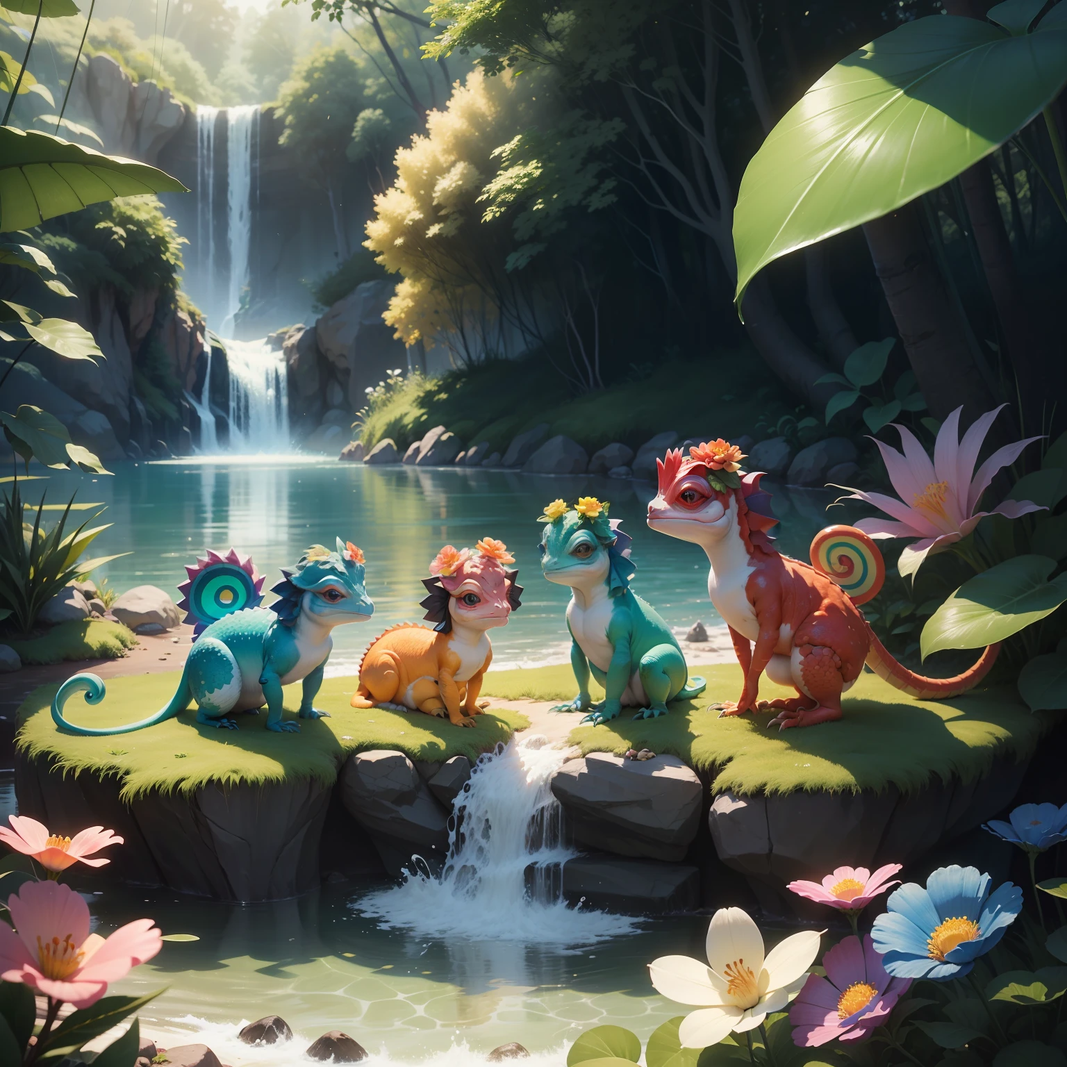 realista, Ultrarrealista Fofo, Disney-style chameleons, Olhos bonitos e doces encantadores, 1 red chameleon 1 blue chameleon 1 yellow chameleon 1 pink chameleon 1 green chameleon (1 de cada cor) com olhos doces e bonitos, They are in the enchanted forest, com flores, Rainbow and waterfall Disney movie style  (( The 5 ultra-realistic cute chameleons, estao juntos na floresta encantada, , in the background of the image has rainbow, flores e cachoeirs))   trending in cgsociety,  CGSetnação, 8k arte detalhada de alta qualidade, CGSetalidade 9, arte digital detalhada bonito, pintura digital altamente detalhada, Beeple e Jeremias Ketner, cgssociedade, altamente detalhado, CGCsociedade inspirada, [ trending in cgsociety ]!!