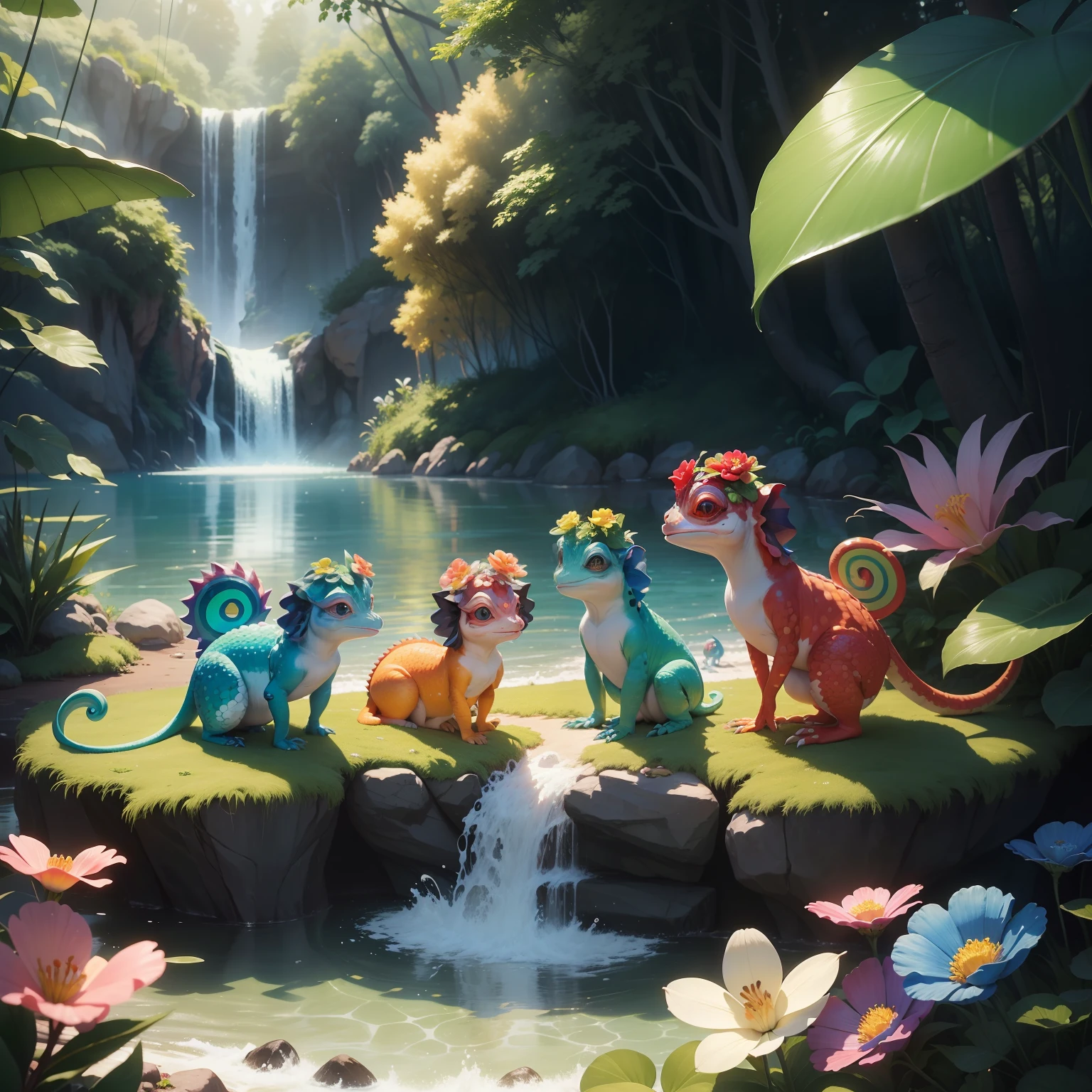 realista, Ultrarrealista Fofo, Disney-style chameleons, Olhos bonitos e doces encantadores, 1 red chameleon 1 blue chameleon 1 yellow chameleon 1 pink chameleon 1 green chameleon (1 de cada cor) com olhos doces e bonitos, They are in the enchanted forest, com flores, Rainbow and waterfall Disney movie style  (( The 5 ultra-realistic cute chameleons, estao juntos na floresta encantada, , in the background of the image has rainbow, flores e cachoeirs))   trending in cgsociety,  CGSetnação, 8k arte detalhada de alta qualidade, CGSetalidade 9, arte digital detalhada bonito, pintura digital altamente detalhada, Beeple e Jeremias Ketner, cgssociedade, altamente detalhado, CGCsociedade inspirada, [ trending in cgsociety ]!!