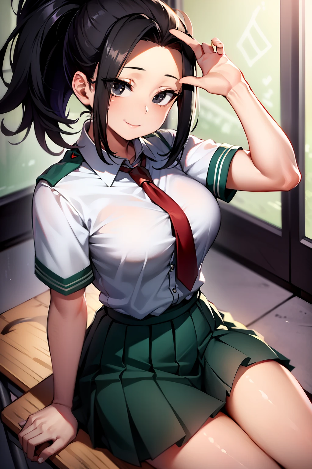 masterpiece, best quality, yaoyorozu momo, 1girl, black eyes, black hair, ponytail, long hair, hair pulled back, breasts, smile, solo, u.a. school uniform, withe shirt, pleated green skirt, red necktie, school uniform, sitting, desk, classroom background
