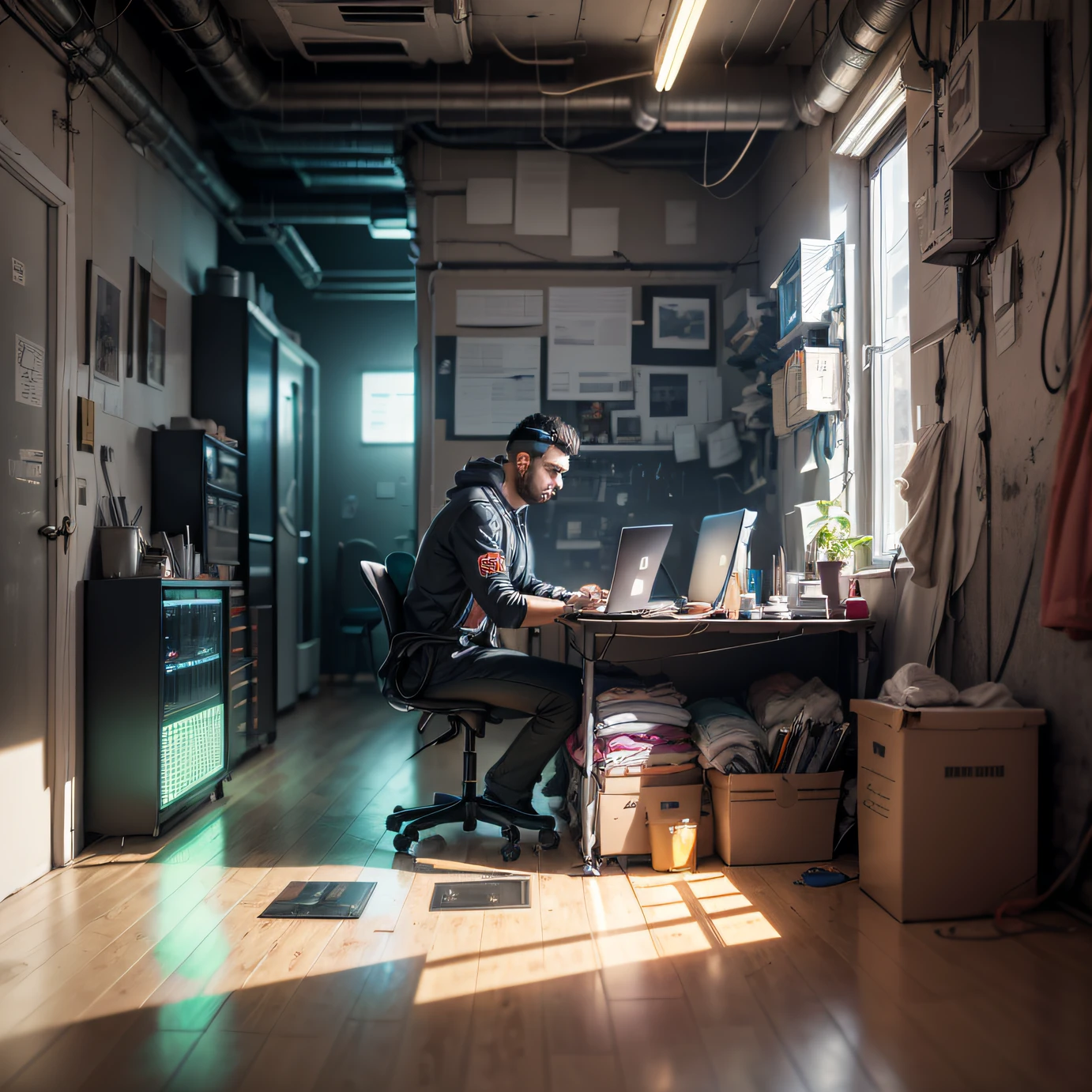 Homem Programador python, cyberpunk, dentro de um apartamento, olhando pelas janelas de vidro, cidade futurista, olhar estrategista, laptop, cinematic, ultra realista, altamente detalhado (obra prima) inside a machine shop