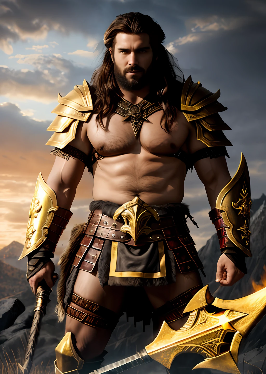 Gold armor, berserker potrait, male barbarian, fantasy art, from his look alone
enemies starting to panic, one head,devilish smile, Hell beast, demon,
white-fire Sky, warrior, with scythe and shield, beutiful, men, Werelion,
long braided red Hair, glowing gold eyes, realisitic, highly detailed,
Unreal Engine, 8k