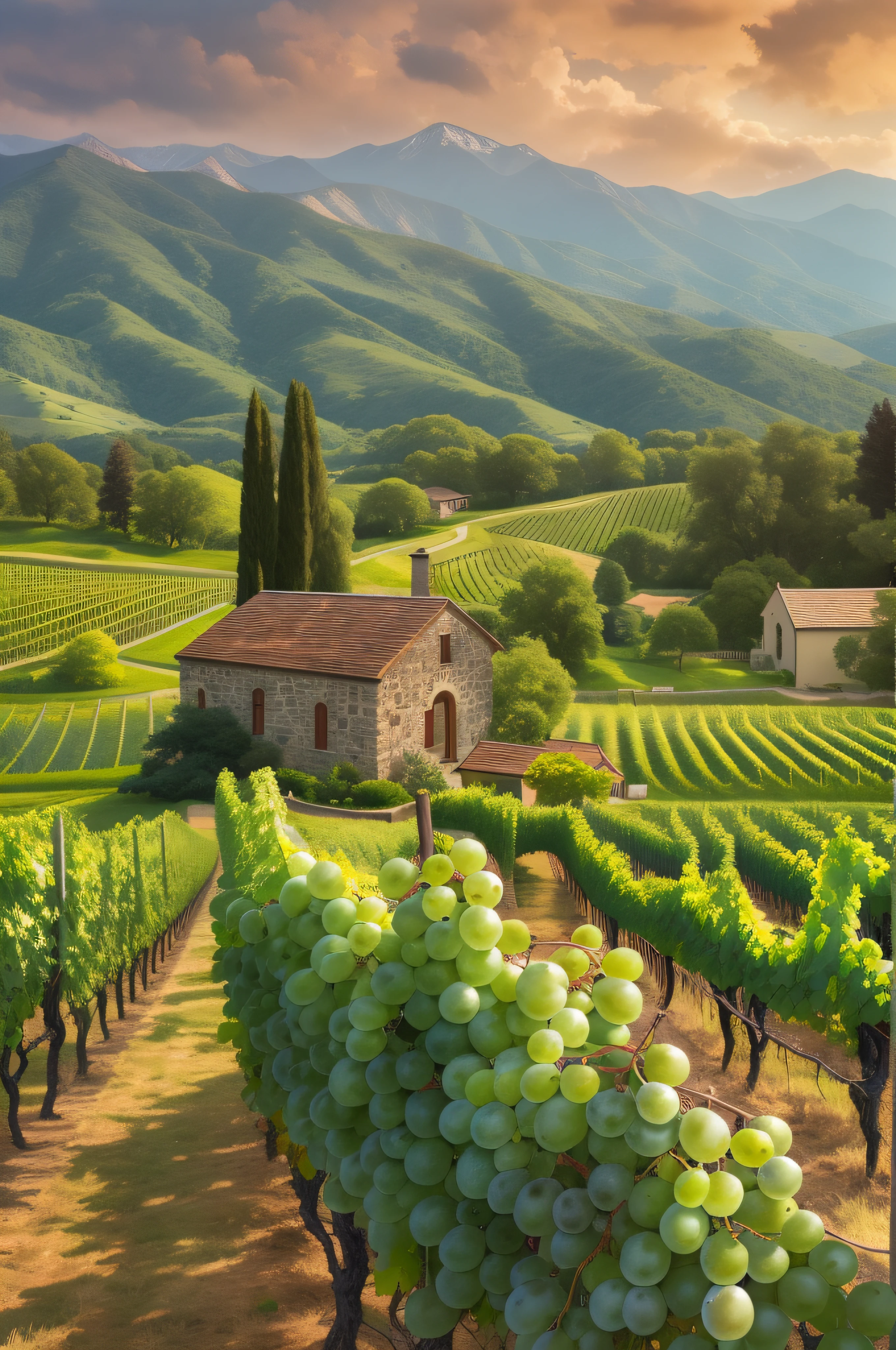 A beautiful, serene vineyard with rows of
grape vines, a stone cottage, and a view
of the mountains.