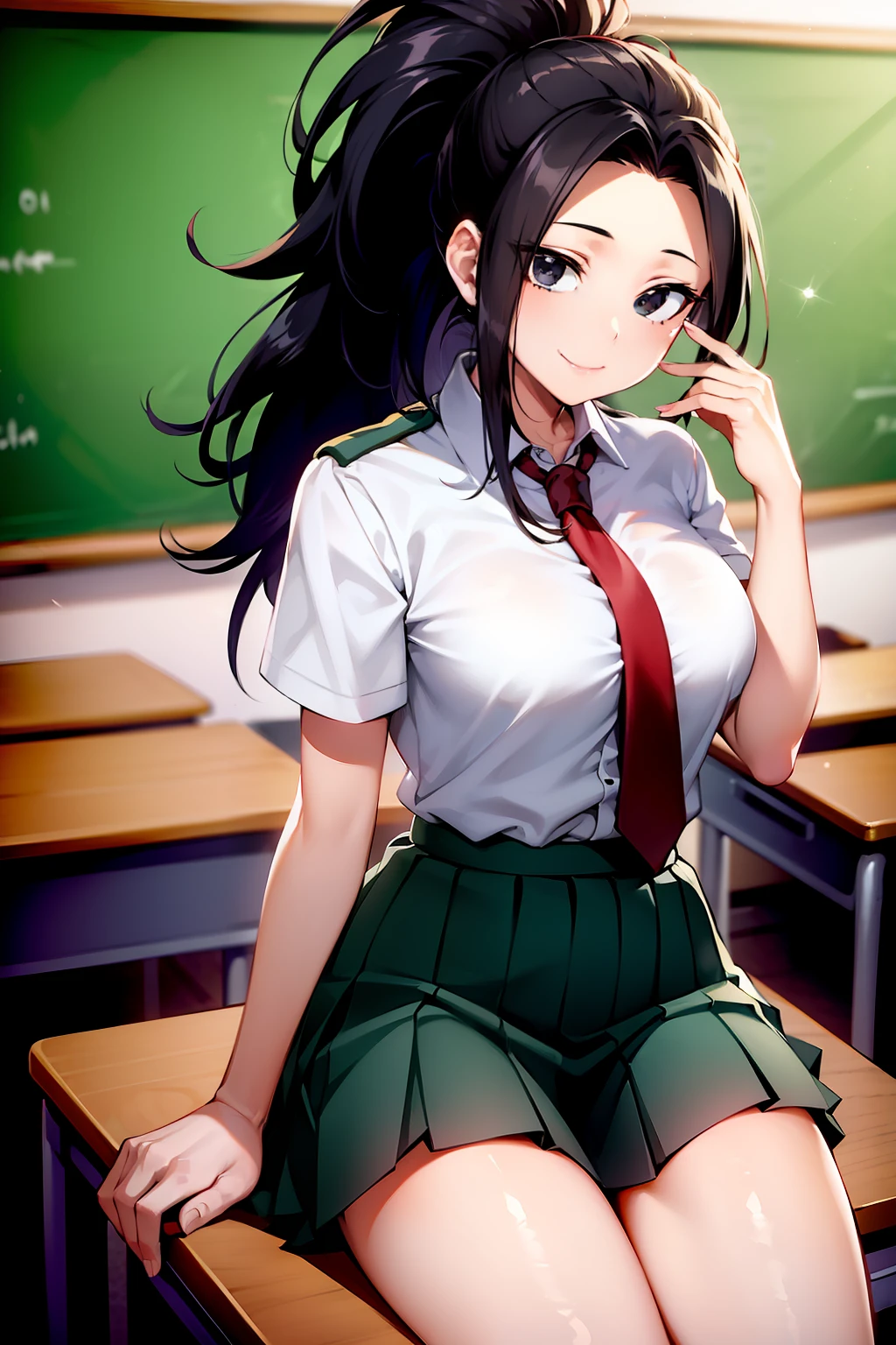 masterpiece, best quality, yaoyorozu momo, 1girl, black eyes, black hair, ponytail, long hair, hair pulled back, breasts, smile, solo, u.a. school uniform, withe shirt, pleated green skirt, red necktie, school uniform, sitting, desk, classroom background