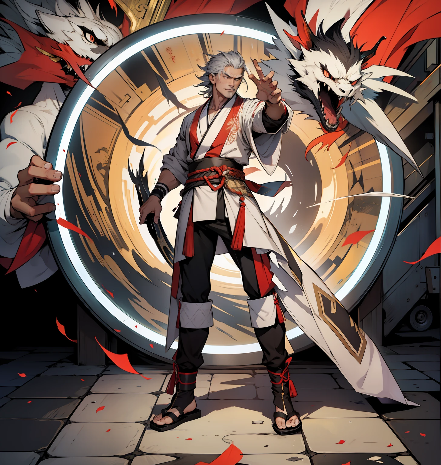 Handsome asian man with longer gray hair,Change into a robe
