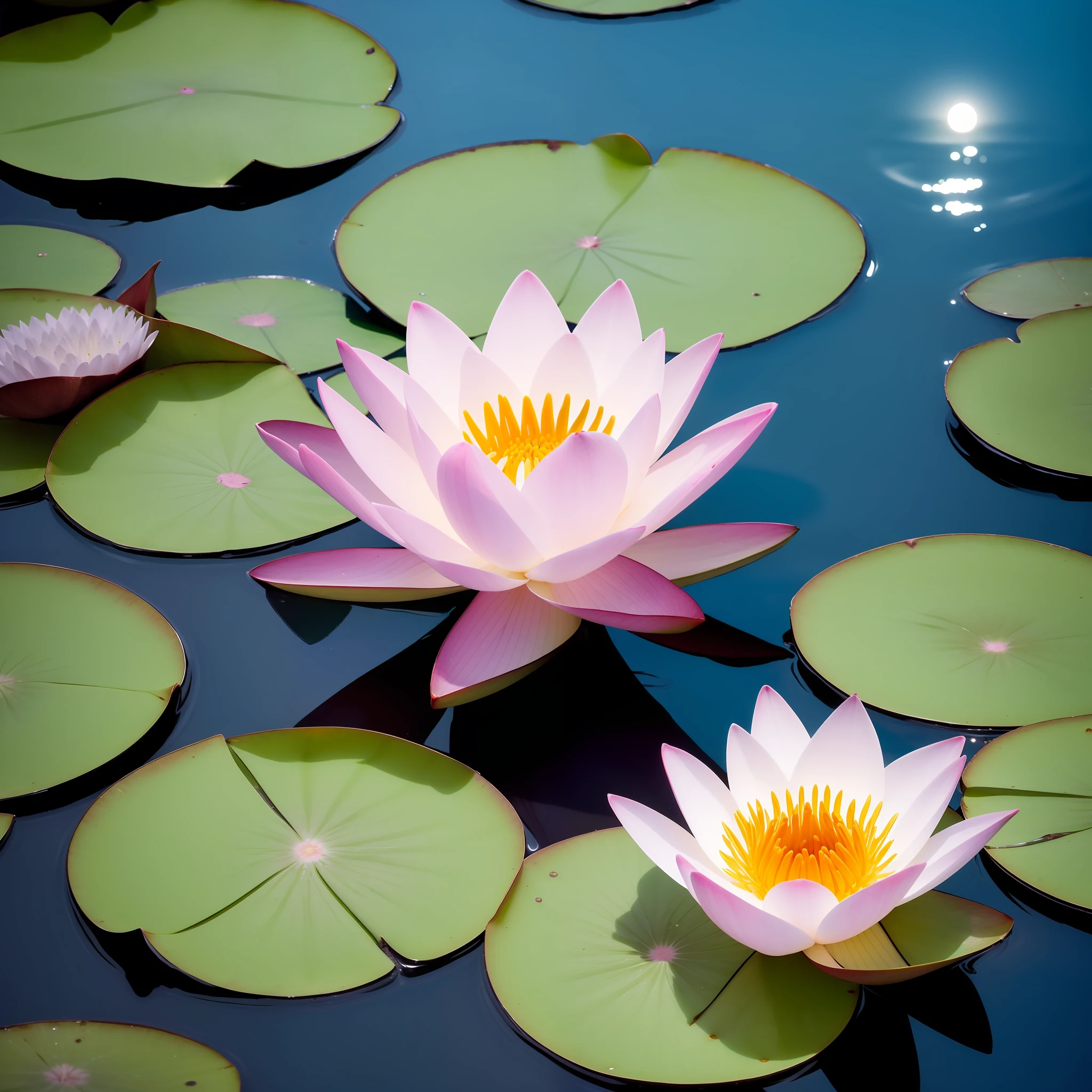 Close up of a water lily in crystal clear waters illuminated by the moon. Muy detallado. Colores vivos. Alta calidad. Ultra detallada. Fotorrealista. Pintura digital
