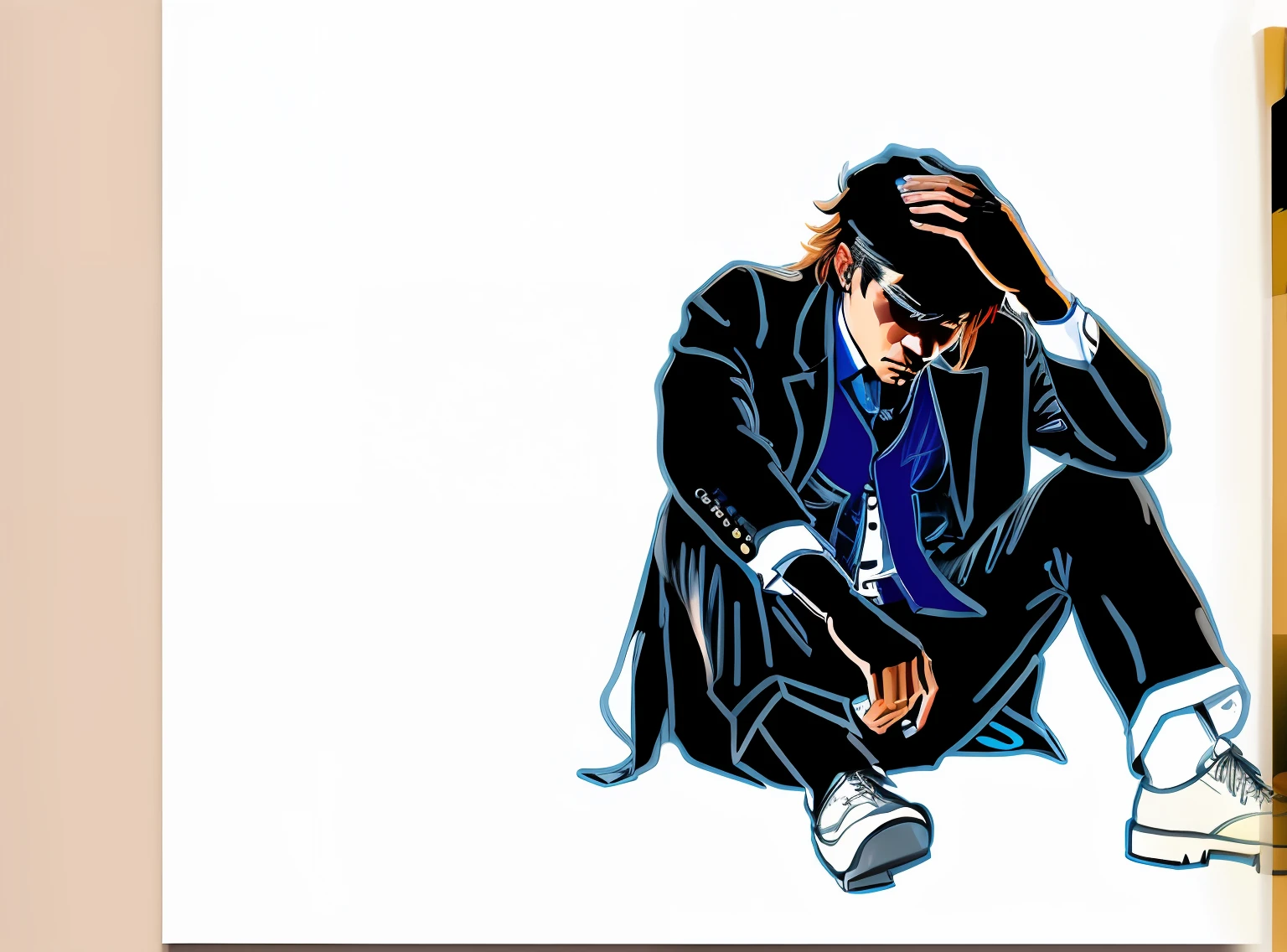 "Vibrant illustration featuring a melancholic gentleman in a stylish suit, sporting a trendy mullet hairstyle."